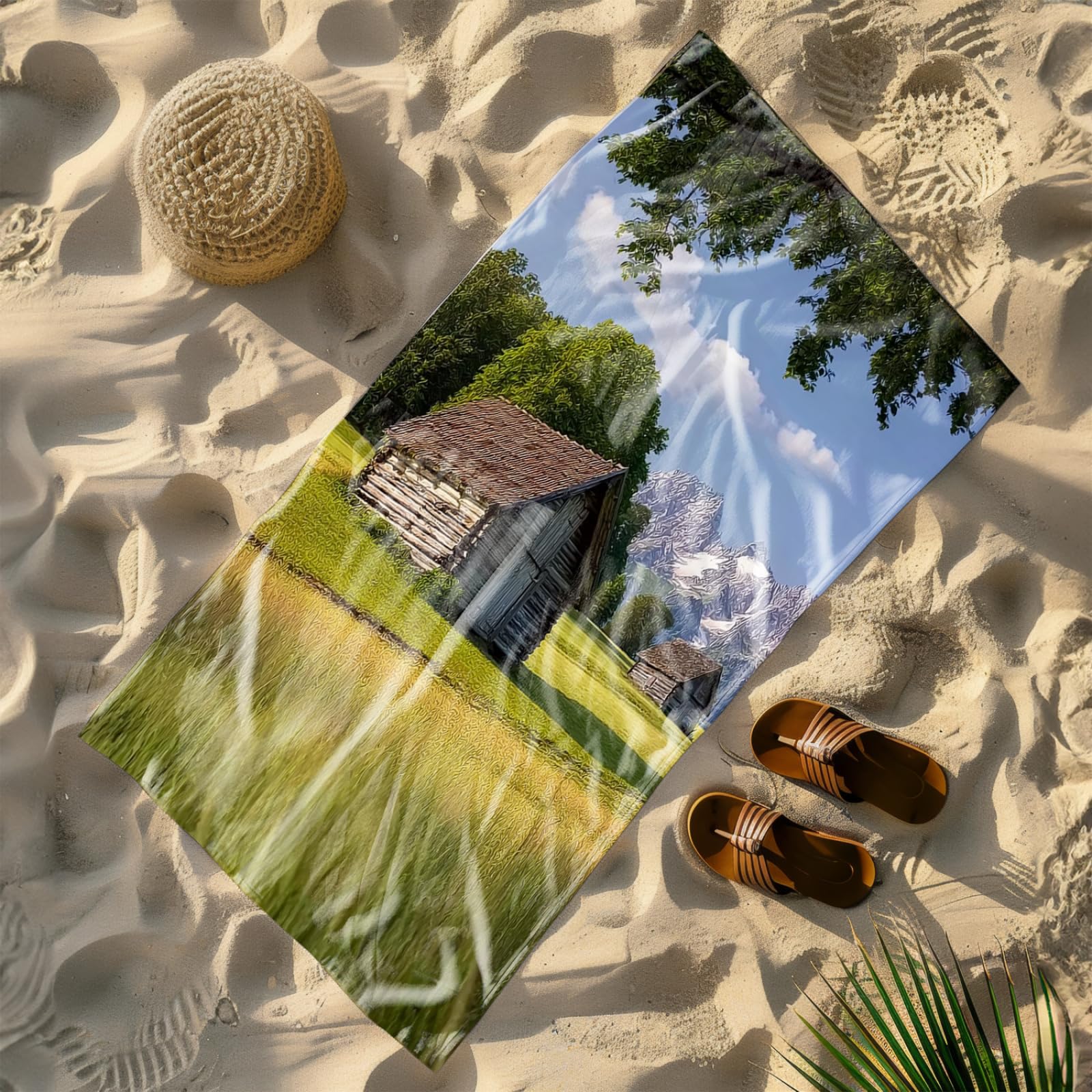 Telo Mare Microfibra 210x230 Casa In Legno Marrone Telo Spiaggia Grande Antisabbia,XXL Asciugamano Mare, Asciugatura Rapida, Stuoia Spiaggia Leggero E Portatile