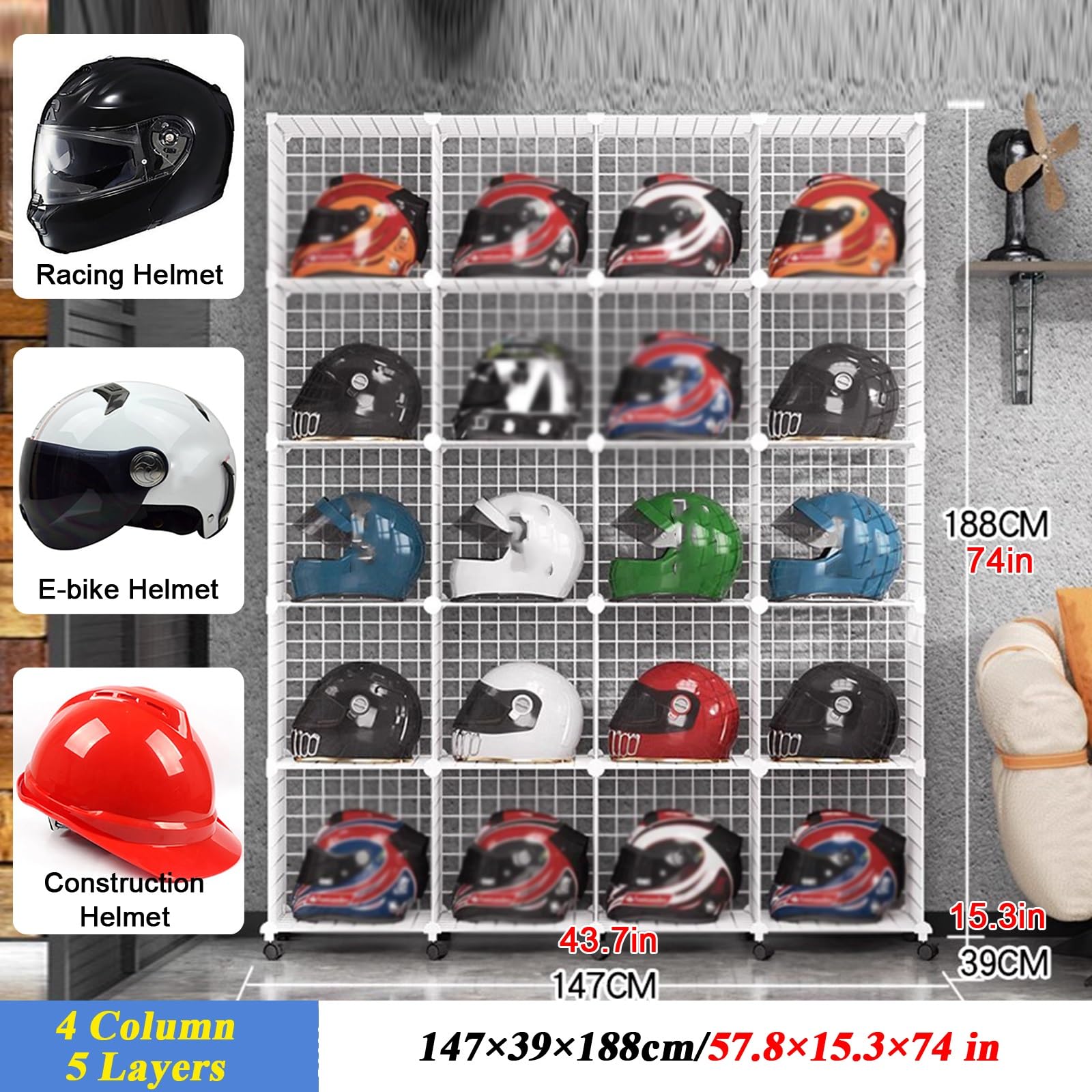 Regulowany stojak na kask – metalowy stojak na kaski ochronne na kaski ochronne, rowery elektryczne, motocykle, wyścigi, 20 siatek do przechowywania twardych czapek (4 x