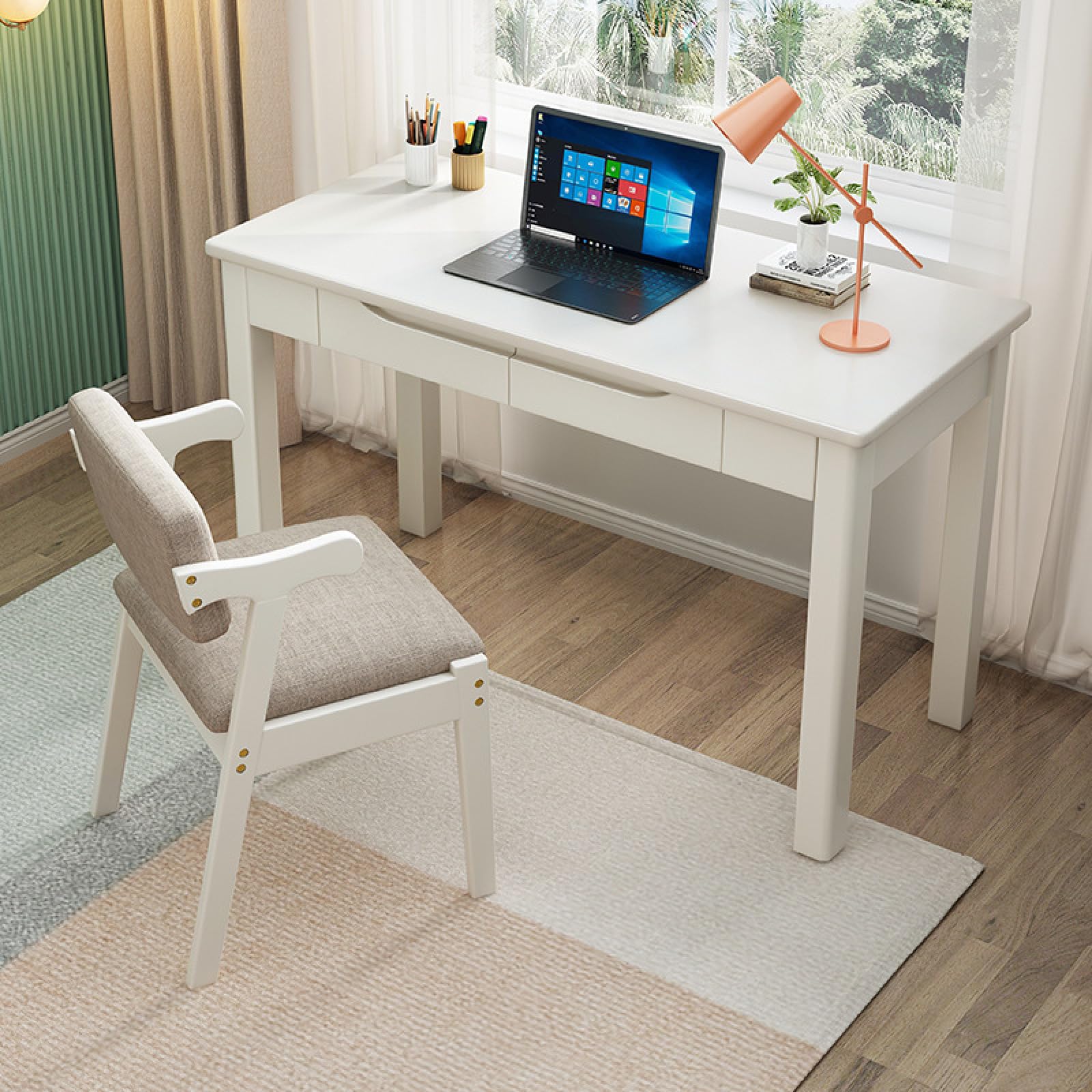 ASerZenith Solid Oak Wood Desk - Small Writing Study Table With 2 Drawers - Modern Home Office Computer Desk,White-47 Inch