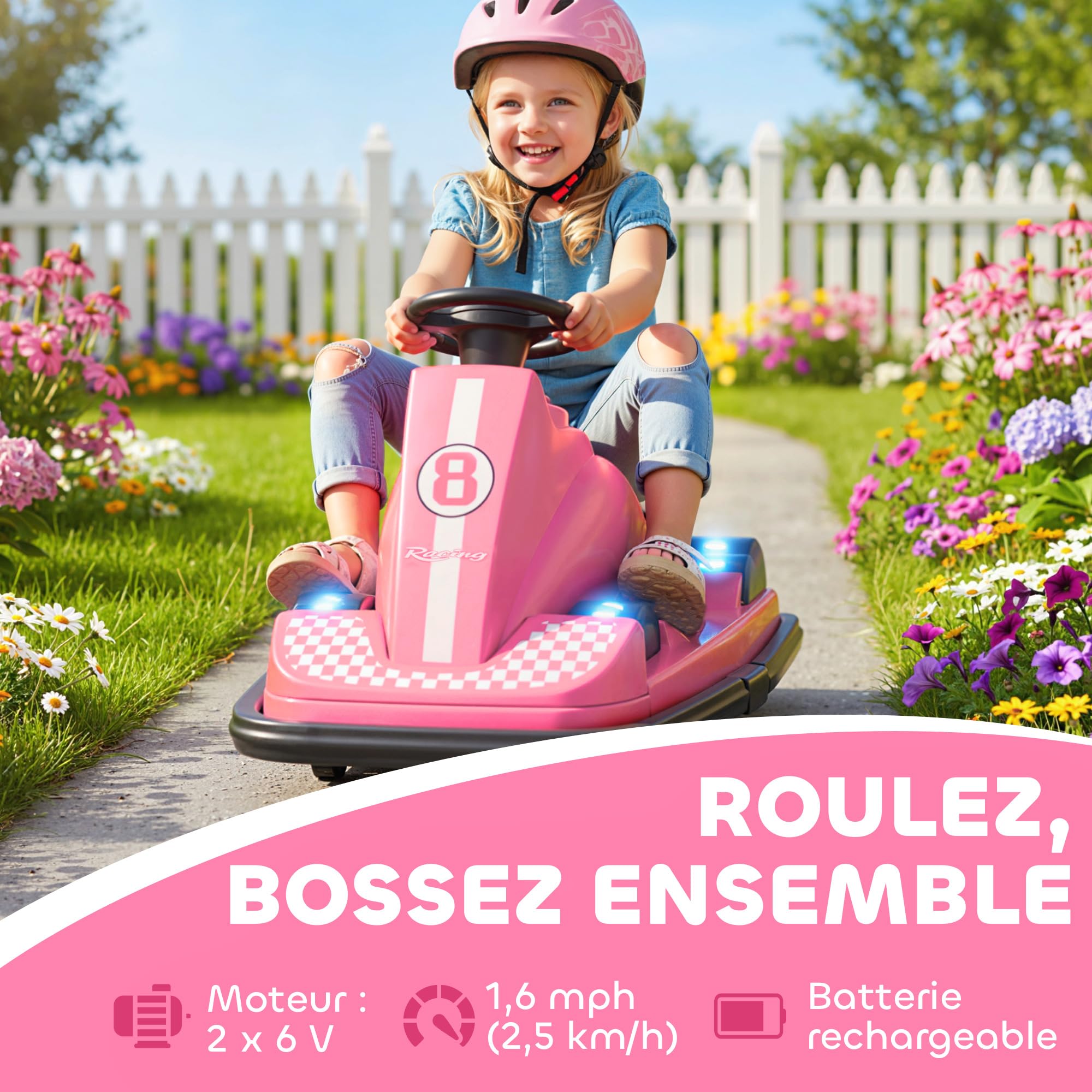 AIYAPLAY Auto-Tamponneuse Enfant 6V Rotation à 360° pour Âges 3-8 Rose | Double Moteur, Musique, Klaxon, Lumières LED, Démarrage Doux, 2,5 km/h, Voiture Tamponneuse Électrique Enfant