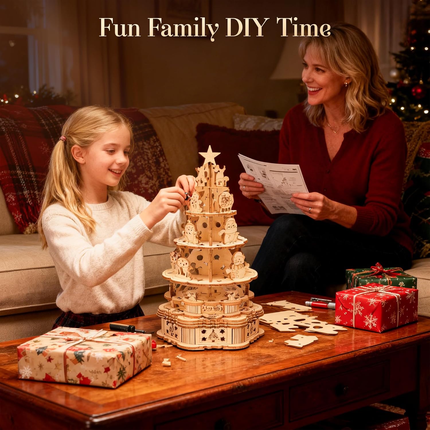 3D Wooden Puzzle Christmas Tree Music Box – 61PCS DIY Wooden Craft Kit for Adults & Kids, Handmade Xmas Tree House Model with Rotating Music, Creative Decor
