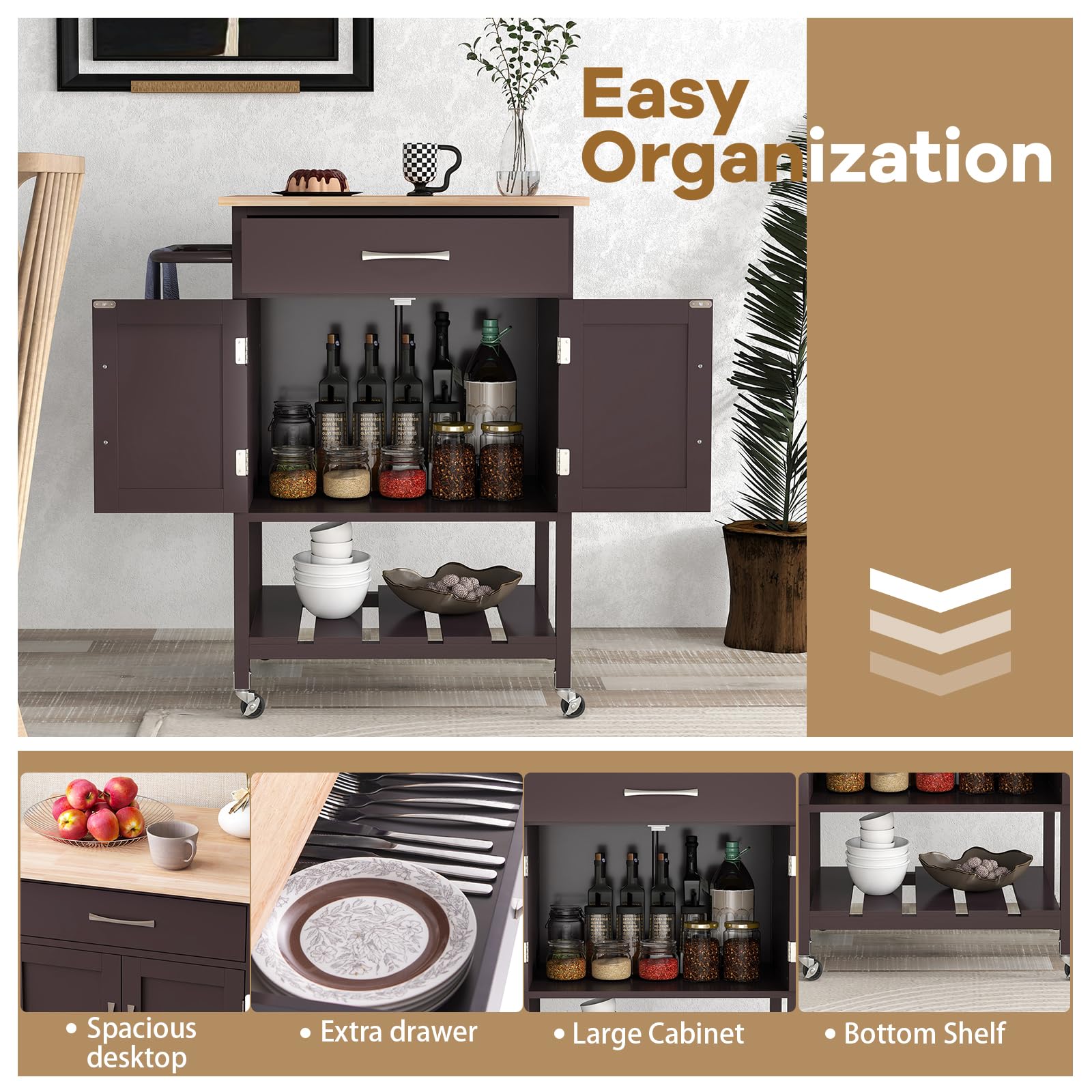 KOMFOTTEU Chariot de Cuisine, 1 Tiroirs & 1 Armoire à Porte, Desserte de Service avec Plan de Travail en Bois Massif, Desserte à roulettes, Plateau inférieur, 73 x 48 x 90 cm (Marron)