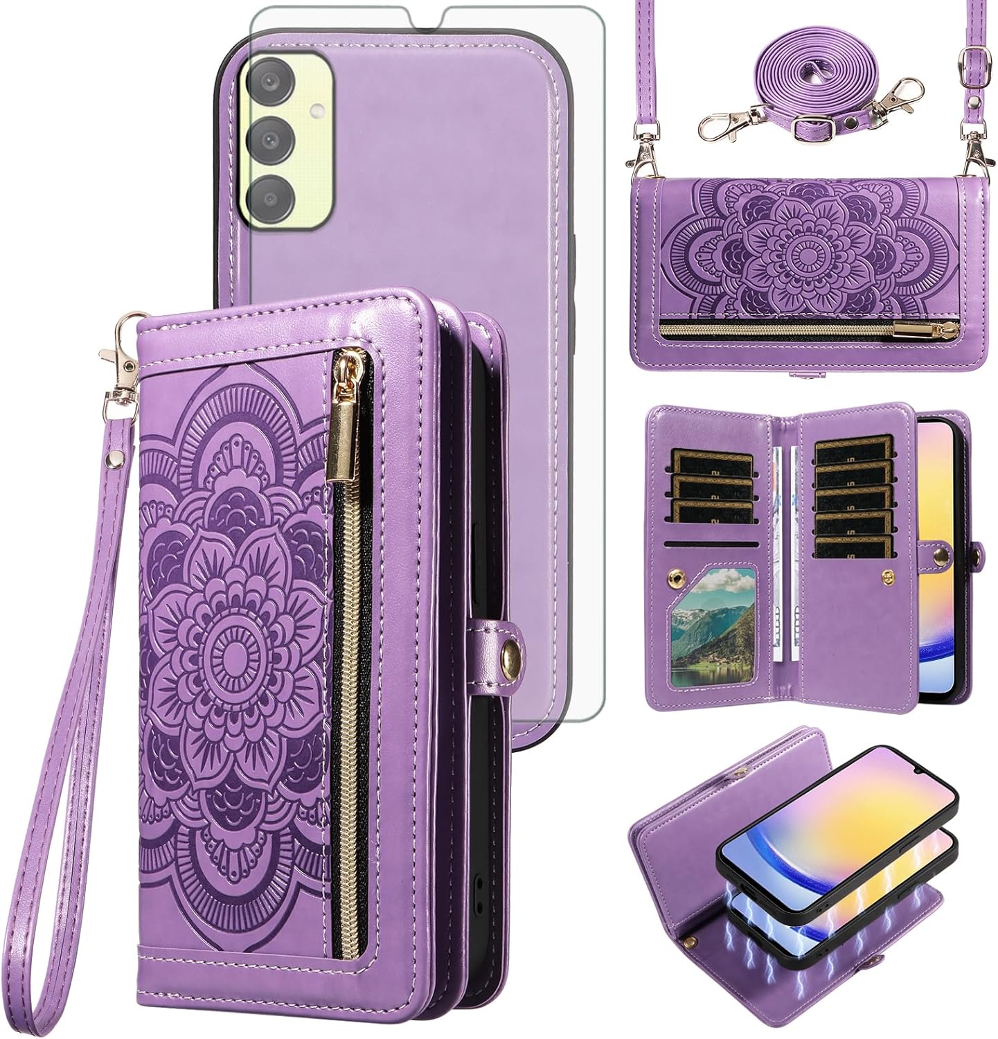 Asuwish Phone Case for Samsung Galaxy A25 5G Zipper Wallet Cell Cover with Tempered Glass Screen Protector Lanyard Strap Mandala Flower Flip Credit Card Holder TPU Slot A 25 25A SM-A256U Women Purple