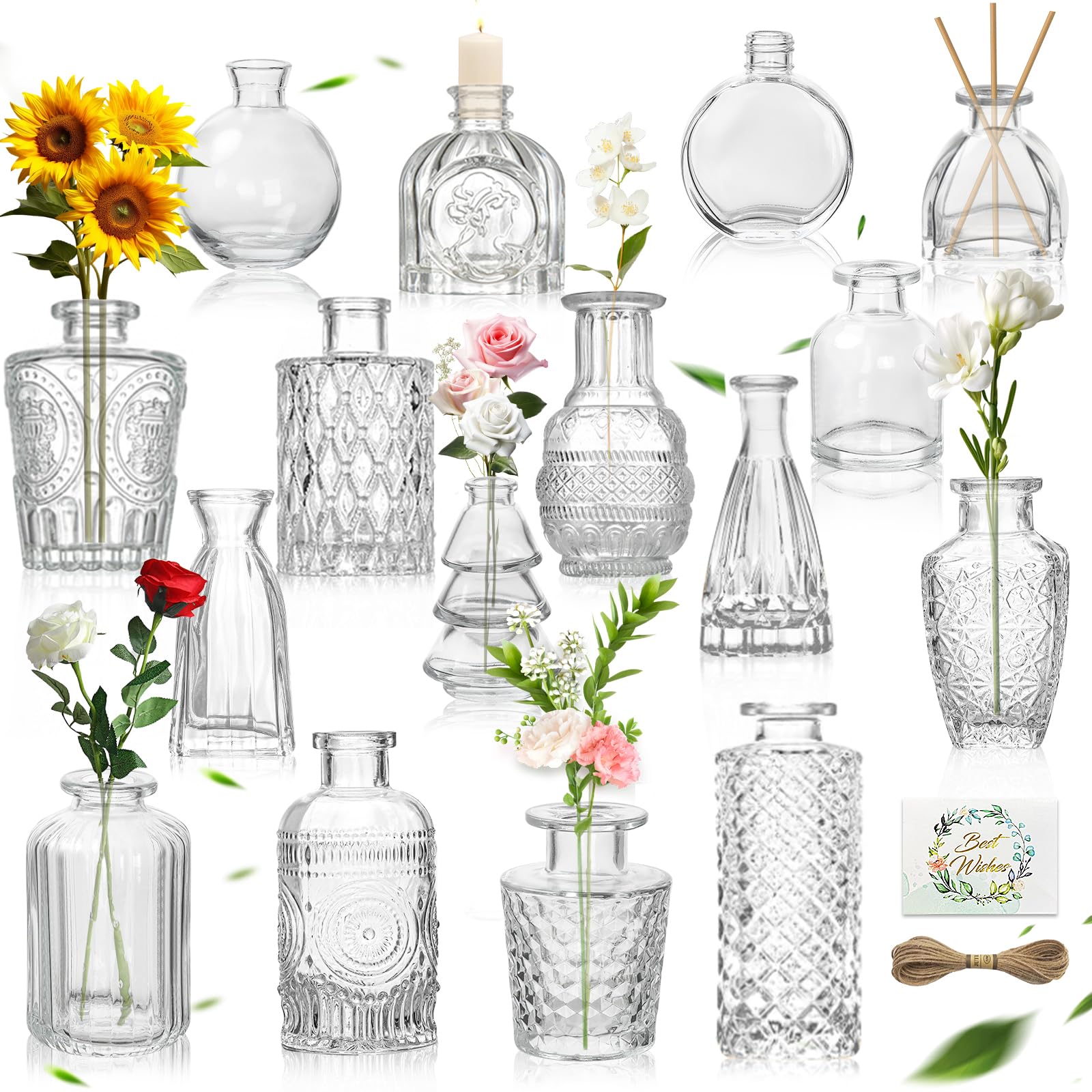 UCAMP 16 pcs Mini Jarron Cristal,Jarrones Pequeños de Cristal,Juego de Floreros de Cristal,Jarrones Decorativos Vintage,Centros De Mesa De Cristal Jarrón De Flores para Decoración del Hogar y del Boda