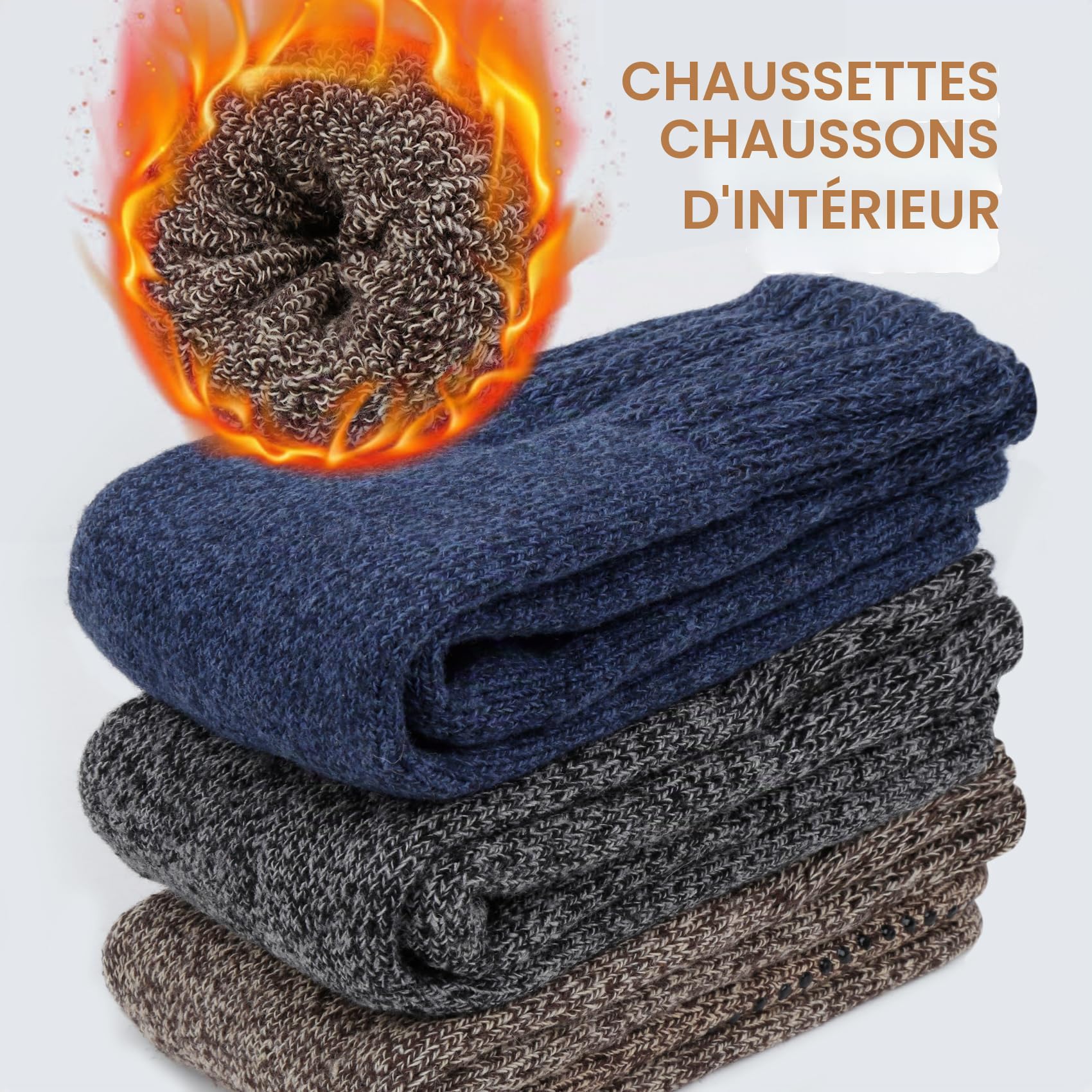 Chaussettes Antidérapantes 3 Paires, Élégant Tricot Chunky Chaussettes en laine Antidérapantes Femme, Chaussettes en Laine Chunky, Coton Respirant Hommes Socquette, Sans Sexe， EU42-46