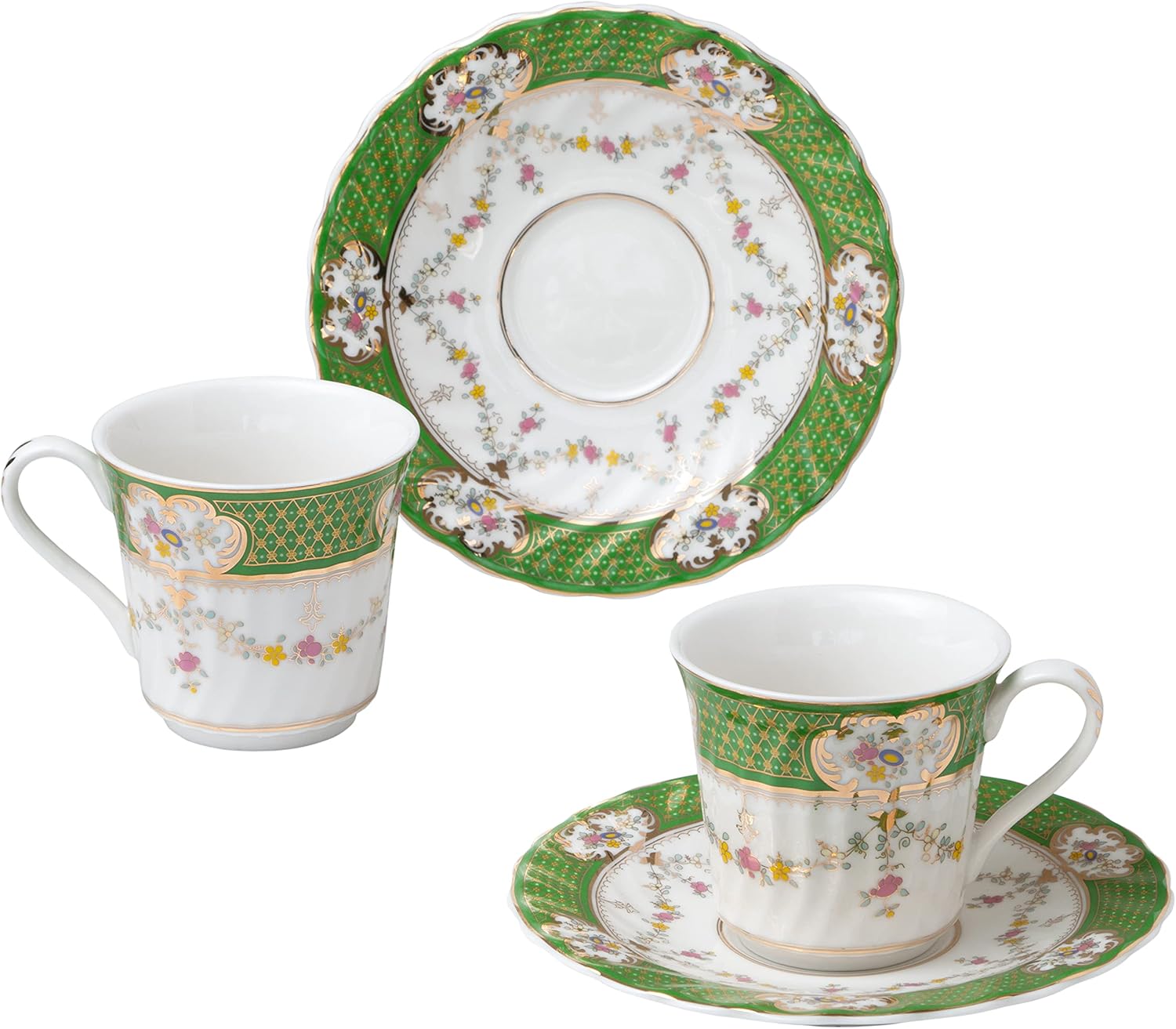 Gracie China Chinoiserie Flute Teacups and Saucers 7-Ounce, Set of 2 (Yellow)