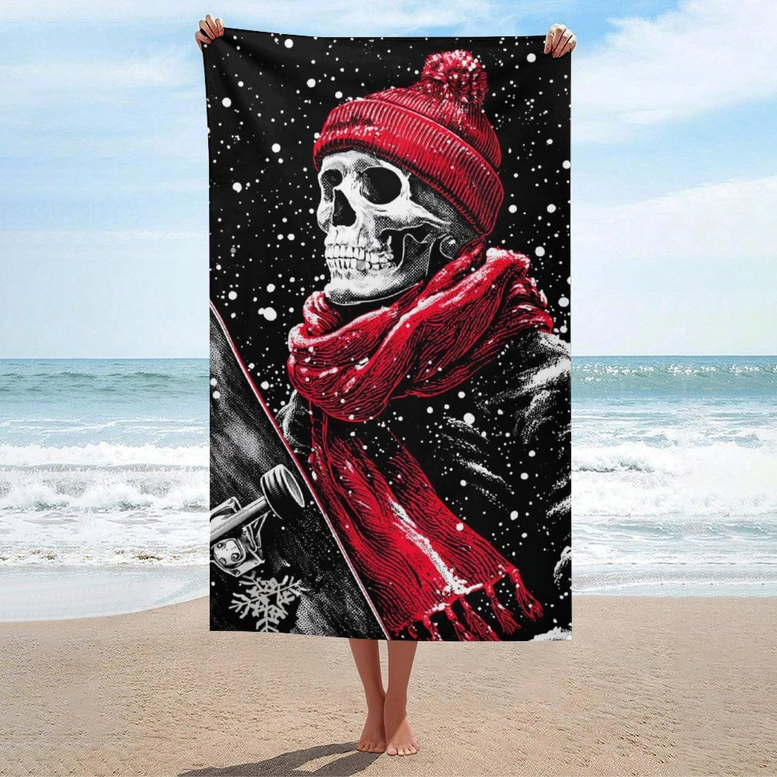 asbwuo Red Beanie Hat Scarf Skeleton Snowboarding Beach Towel