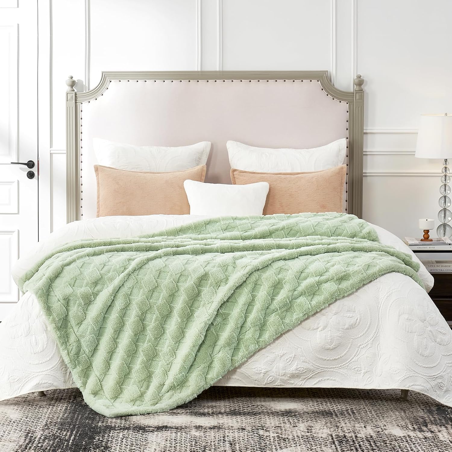 Cozy Bliss Faux Fur Textured Throw Blanket for Bed Super Soft Fuzzy Checkered Couch Blanket Gift for Women Premium 3D Jacquard All Season Use Sage Green Geom 60"*80" - Image 4
