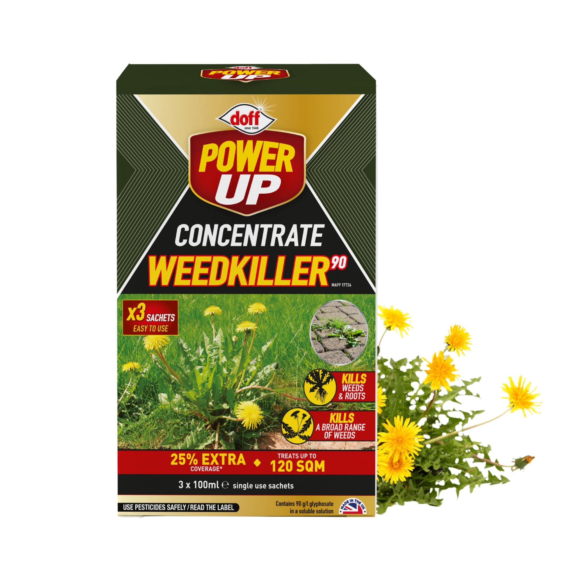 Doff Power Up Concentrate Weedkiller 90 – 3 x 100ml Sachets | Systemic Weed Killer for Weeds, Grass & Roots | Treats up to 120sqm | Easy-to-Use Garden Weed Control