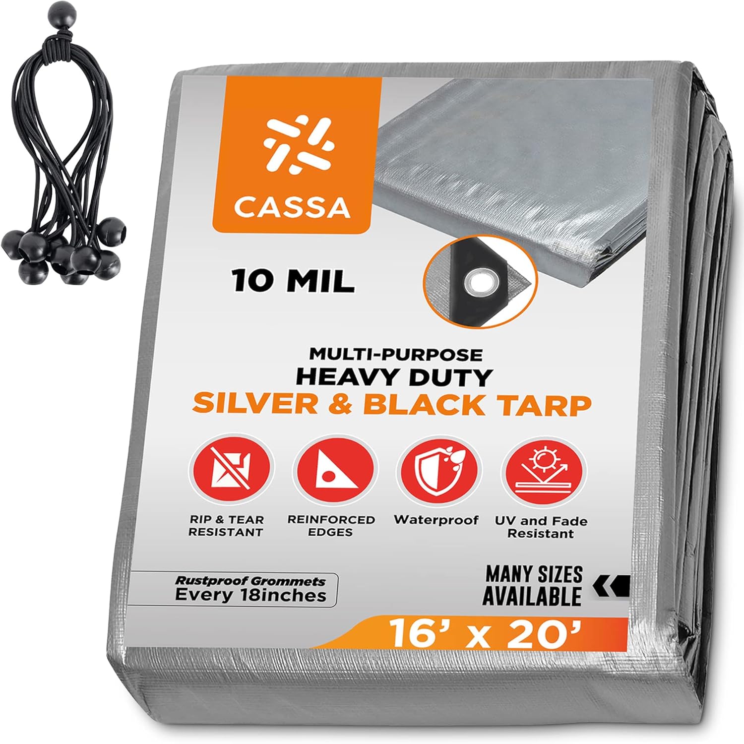 10 Mil Tarps Heavy Duty Waterproof 16x20, Thick Tarp w/ 9Inch Bungee Cords (10 pcs