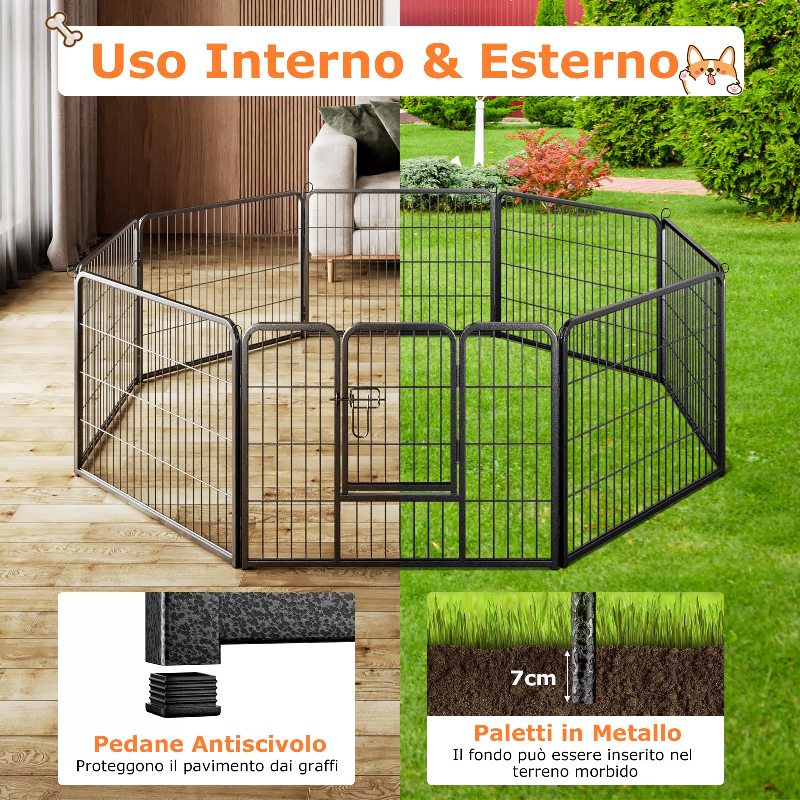 COSTWAY Recinto per Cani Interno ed Esterno, 8 Pannelli Altezza 60 CM Recinzione per Piccoli/Medi Animali/Coniglio/Gatto, Cancelletto Portatile Pieghevole con Porta (190 x 60 cm)