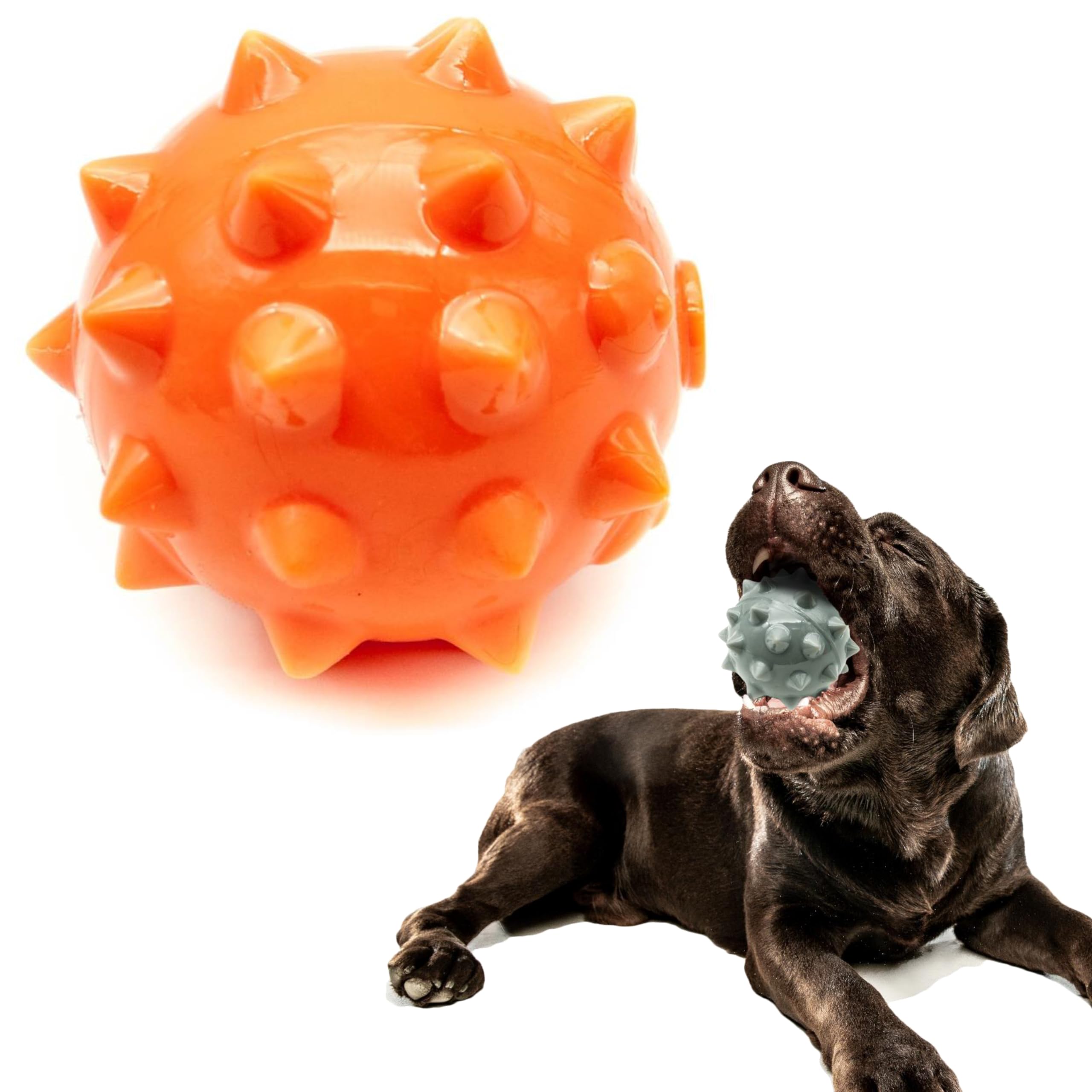 Petopedia 10cm Dog Balls LARGE Rubber Ball FISH SPIKE Virtually Tough Squeaky Dog Toys Indestructible Interactive Dog Toys For Boredom Strong Balls for dogs Catch Fetch (Orange, Fish Spike)