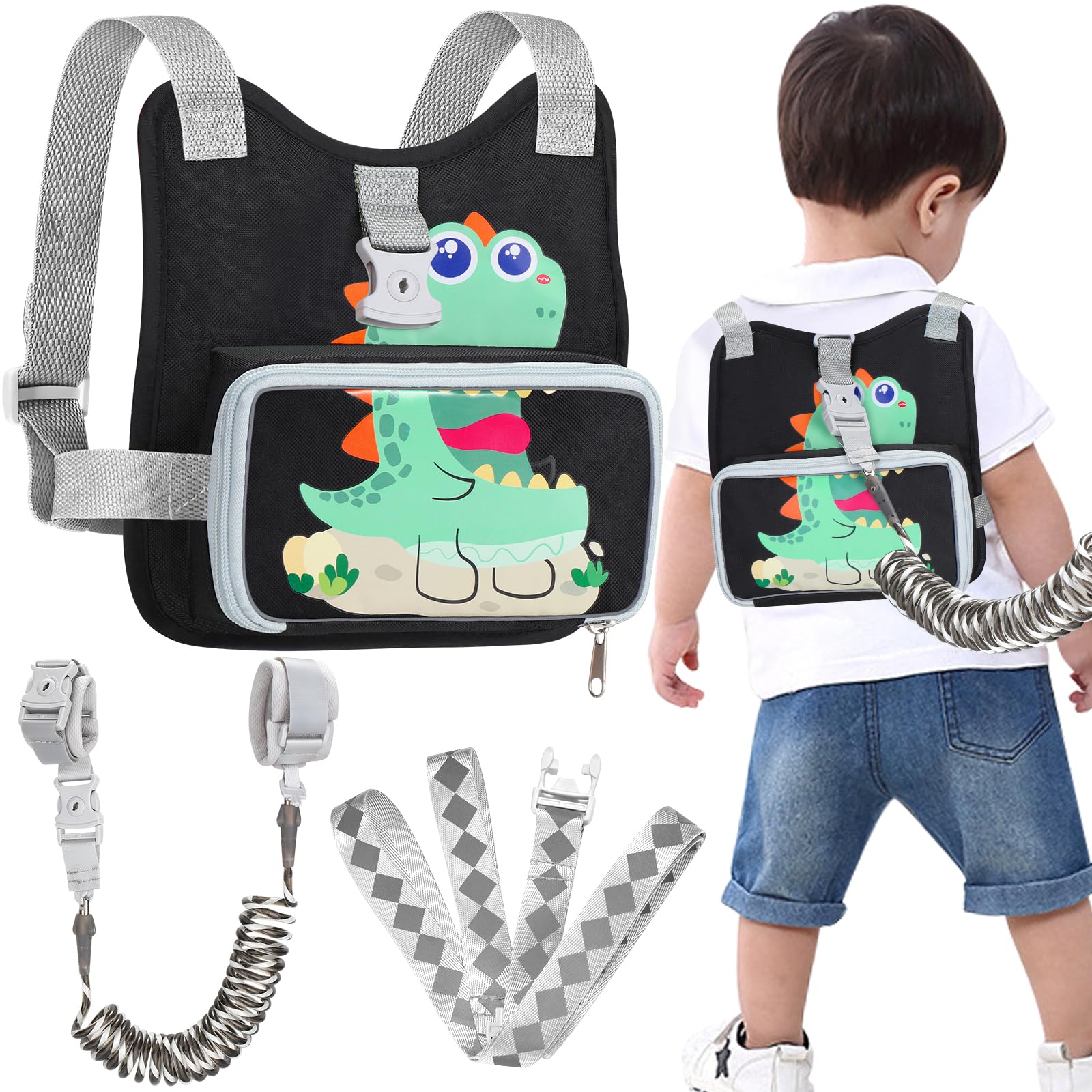 Accmor Toddler Harness Leash with Anti Lost Wrist Link, Kids Walking Harness, Child Restraints for Walking Outdoor Travel, Cute Dinosuar Portable Baby
