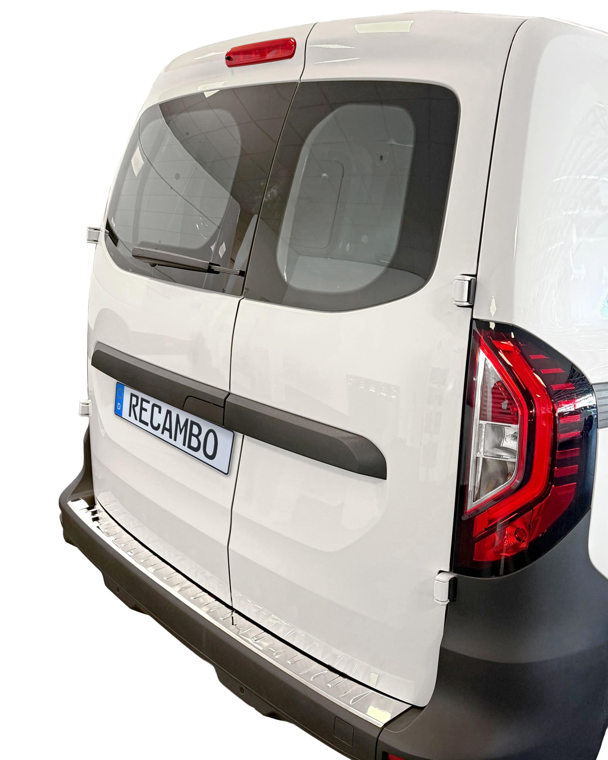 RECAMBO Protector de parachoques de acero inoxidable cromado apto para Renault Kangoo III a partir de 2021 – Protección contra arañazos, contorno perfecto, acero inoxidable, base de cinta adhesiva