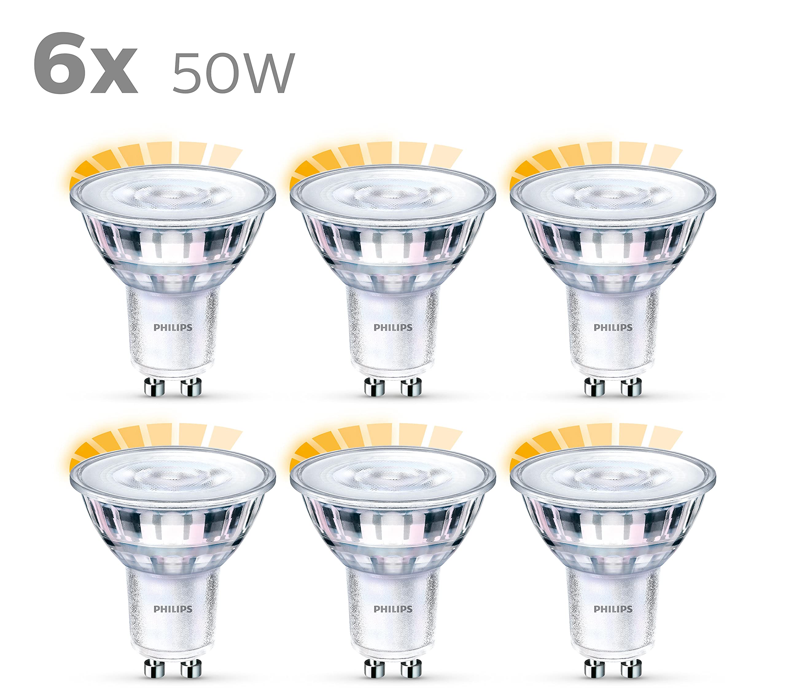 Philips Lighting ampoule LED Spot GU10 50W Transparent Compatible Variateur, Verre, 6 Unité (Lot de 1) & Philips ampoule LED Spot GU10 50W Blanc Chaud Compatible Variateur, Verre, Lot de 2
