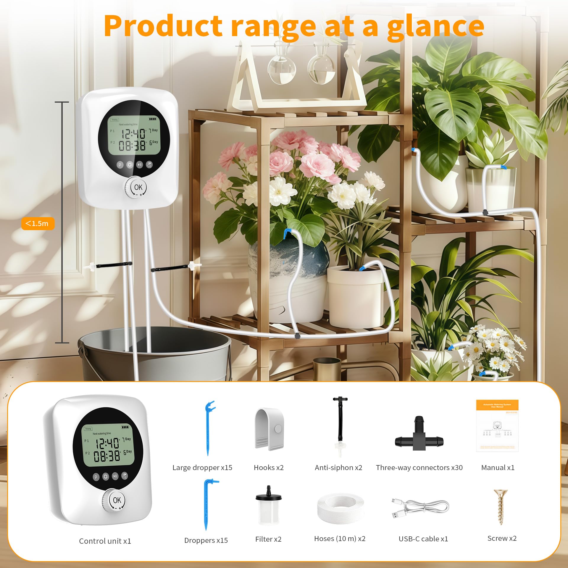 Riego por Goteo Automático Doble Bomba, Kit Riego por Goteo Recargable USB-C con Batería 4400mAh, Temporizador Ajustable Caudal 800ml/min, 20m Tubo+30 Goteros para Jardín Balcón
