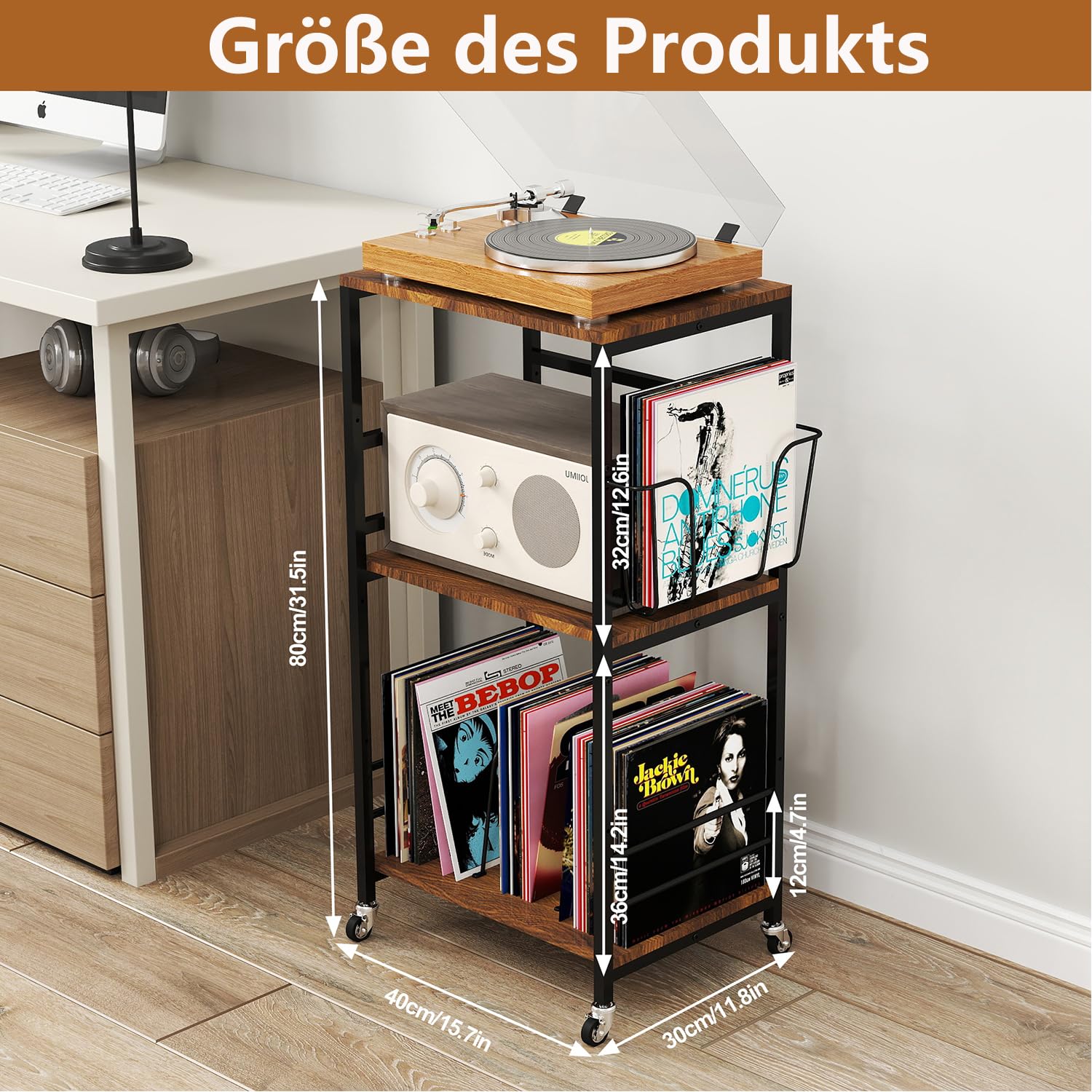 tonchean Soporte para tocadiscos, de 3 niveles, en vinilo, con ruedas, almacenamiento de discos, mesa auxiliar para salón, dormitorio, oficina