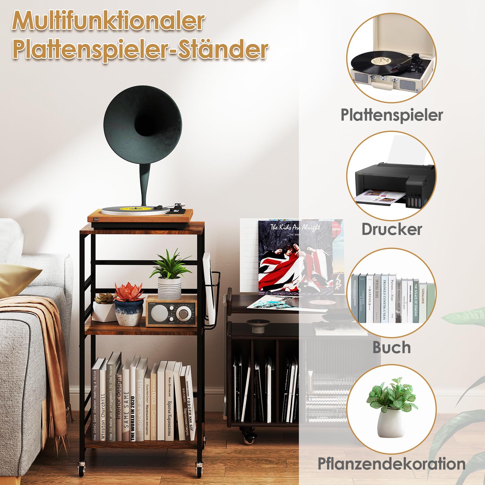 tonchean Soporte para tocadiscos, de 3 niveles, en vinilo, con ruedas, almacenamiento de discos, mesa auxiliar para salón, dormitorio, oficina