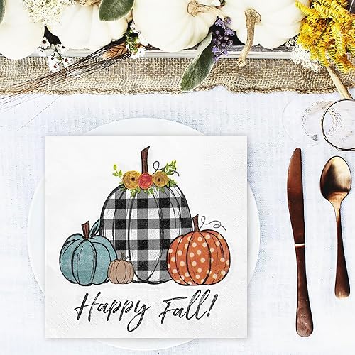 Miniatura 7 de Whaline Paquete de 80 servilletas de papel de otoño a cuadros de otoño, servilletas desechables de calabaza de 6.5 x 6.5 pulgadas, suministros de