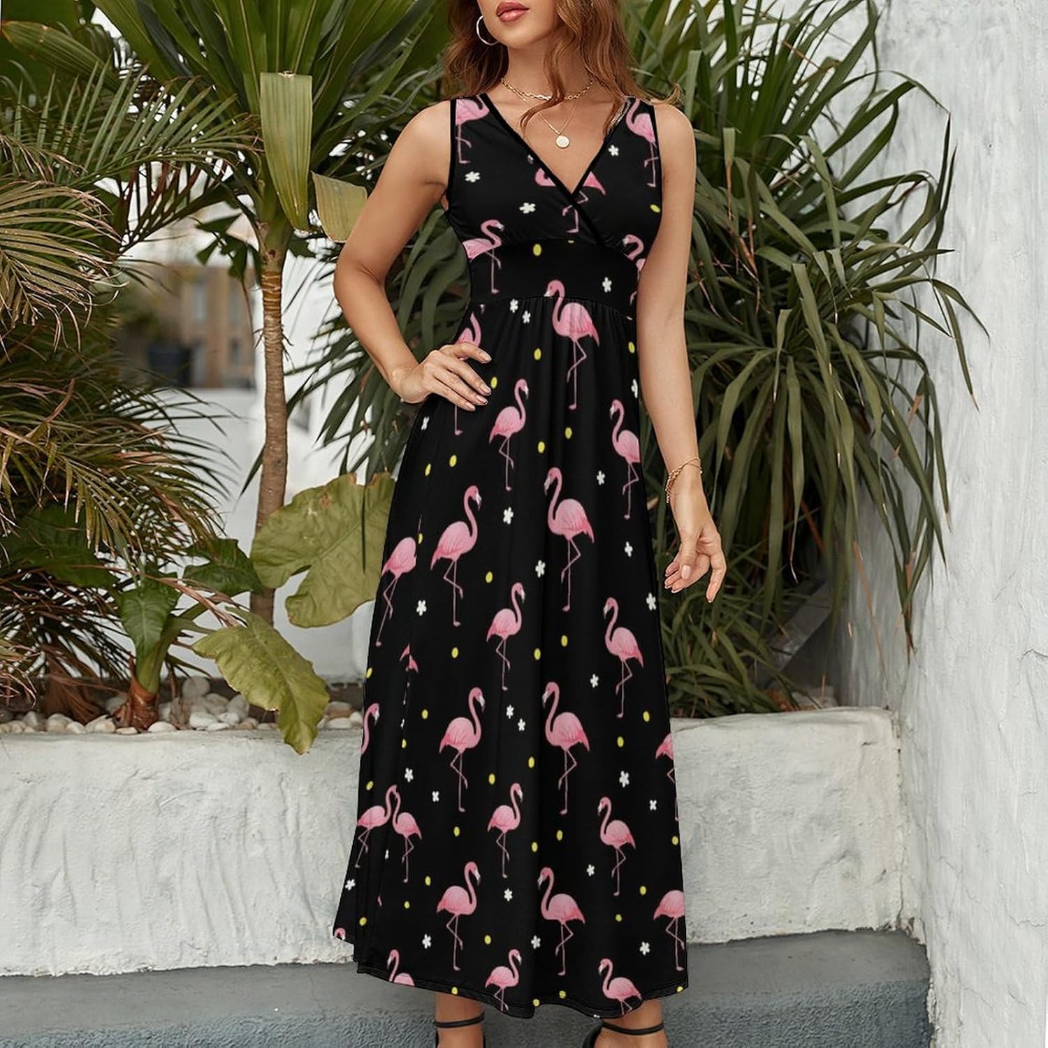 Women's Summer Casual Wrap Dress Sleeveless Flared Midi Dress