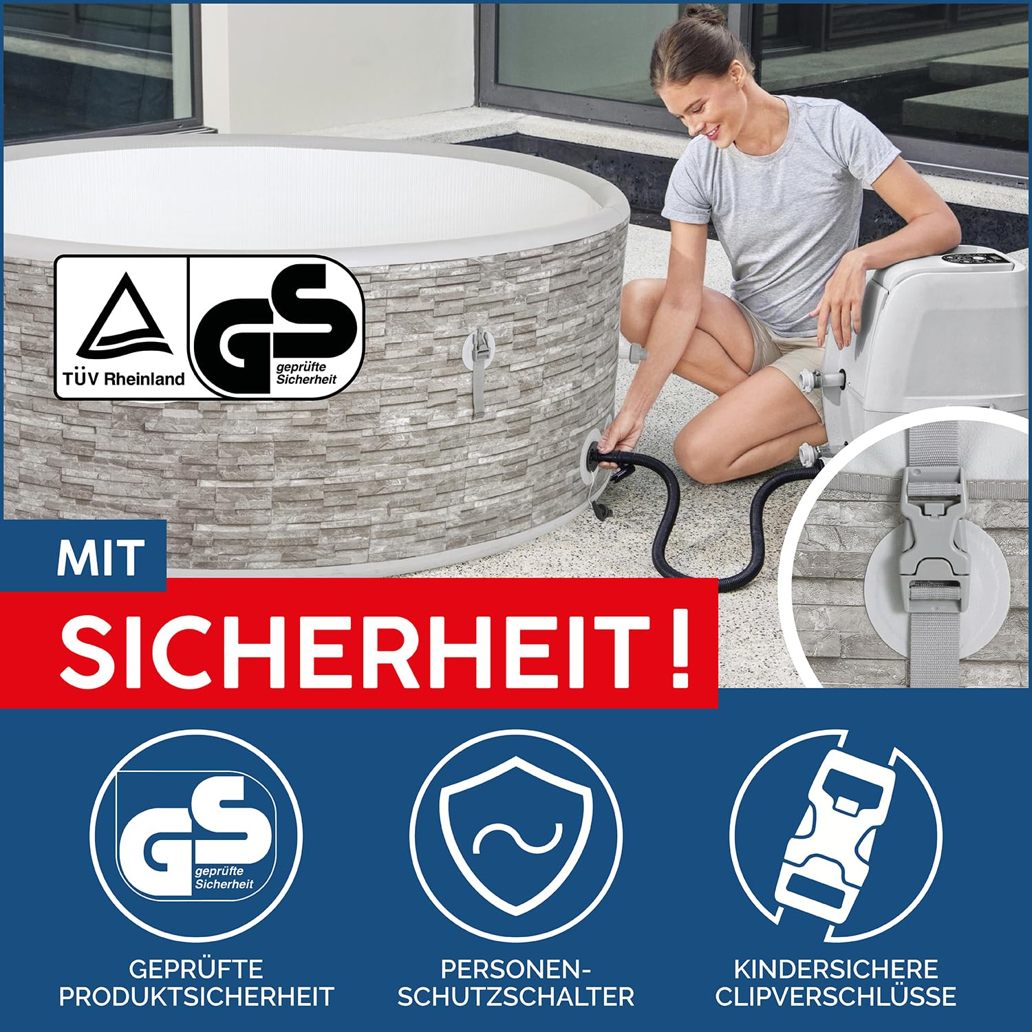 Bestway® Lay-Z-SPA® Vancouver AirJet Plus™ WiFi Whirlpool, 155 x 60 cm, mit App-Steuerung, 3-5 Personen, rund, Stein-Optik | mit App-Steuerung, 3-5 Personen, rund, Stein-Optik