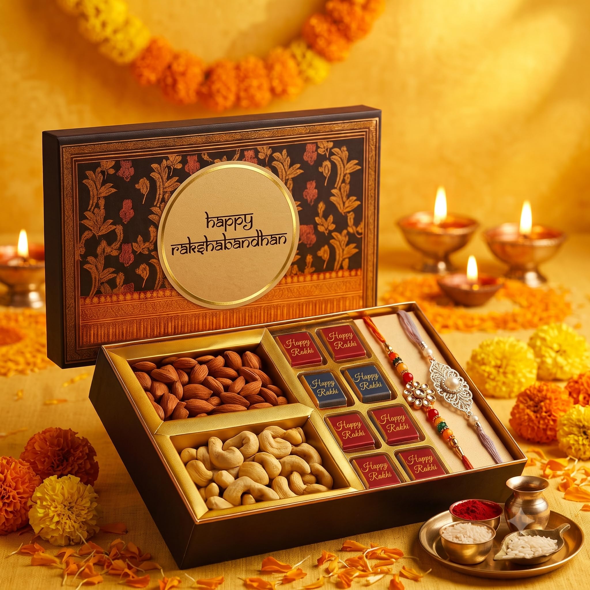 Bay Nut Premium Rakhshabandhan/Rakhi Gift Hmaper Assortment Of Nuts & Dried Fruits|Festival Gift For Family & Friends|Combo Pack Of Almonds,Cashews Festive Celebration (h-12)-image-19