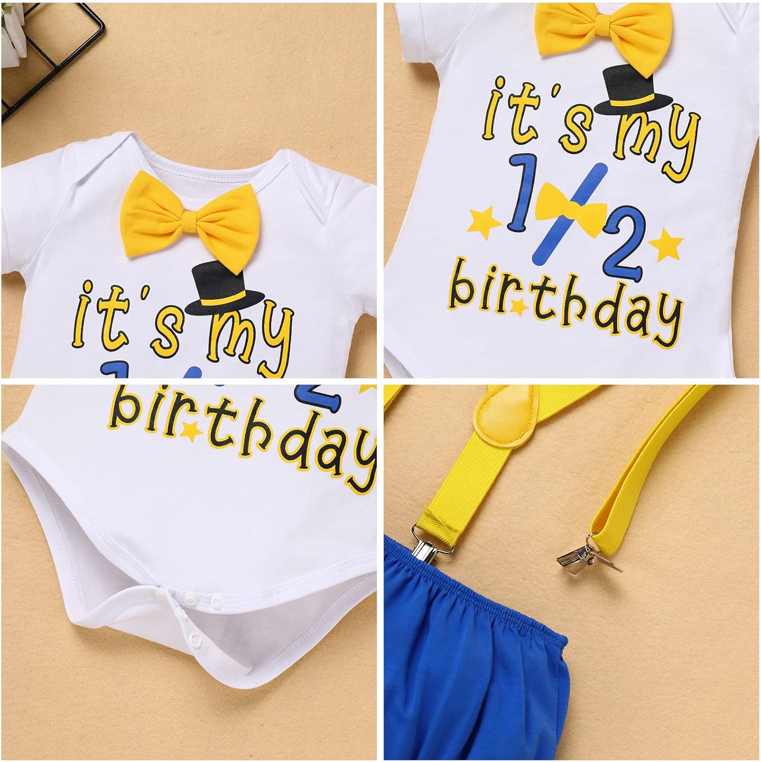 IBTOM CASTLE Baby Boys Half Birthday Cake Smash Outfit Short Sleeve Bowtie Romper+Diaper Cover Bloomers+Suspenders+Headband - Image 6