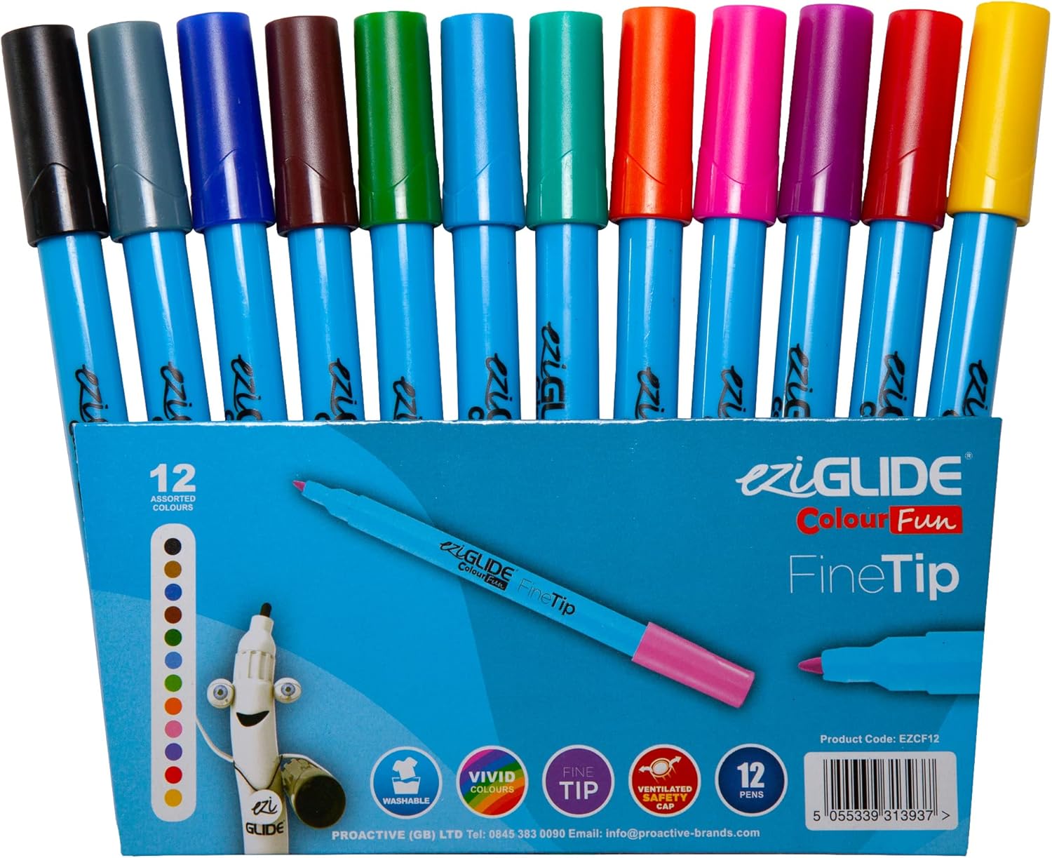 Eziglide Felt Tip Colouring Pens, Assorted Colours Pack of 12 Fine Tip
