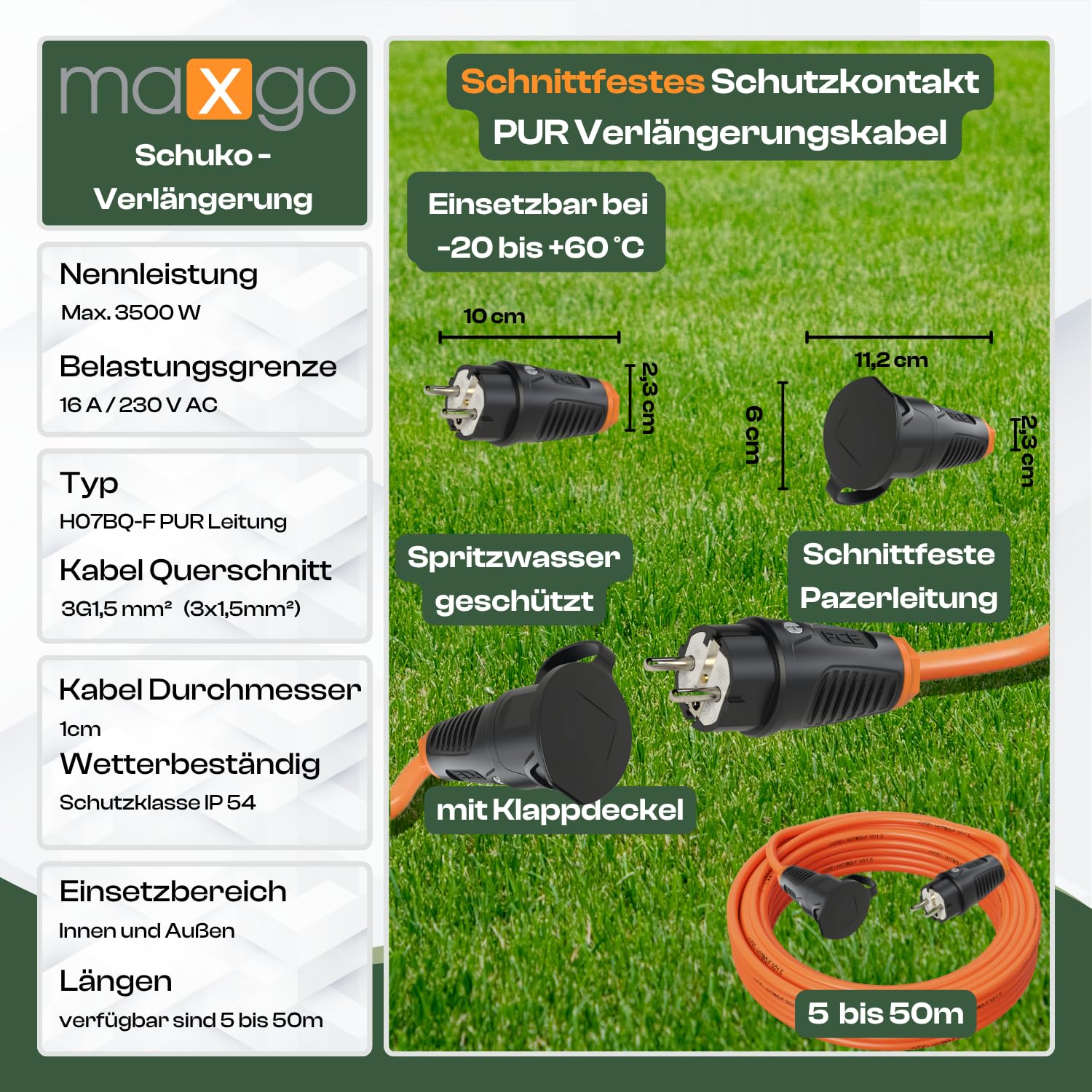 maxgo verlängerungskabel 10 meter IP54 außen verlängerung 10m stromkabel außenbereich kabel strom verlaengerungskabel gummikabel H07BQ-F 3x1,5 schuko outdoor extension cord