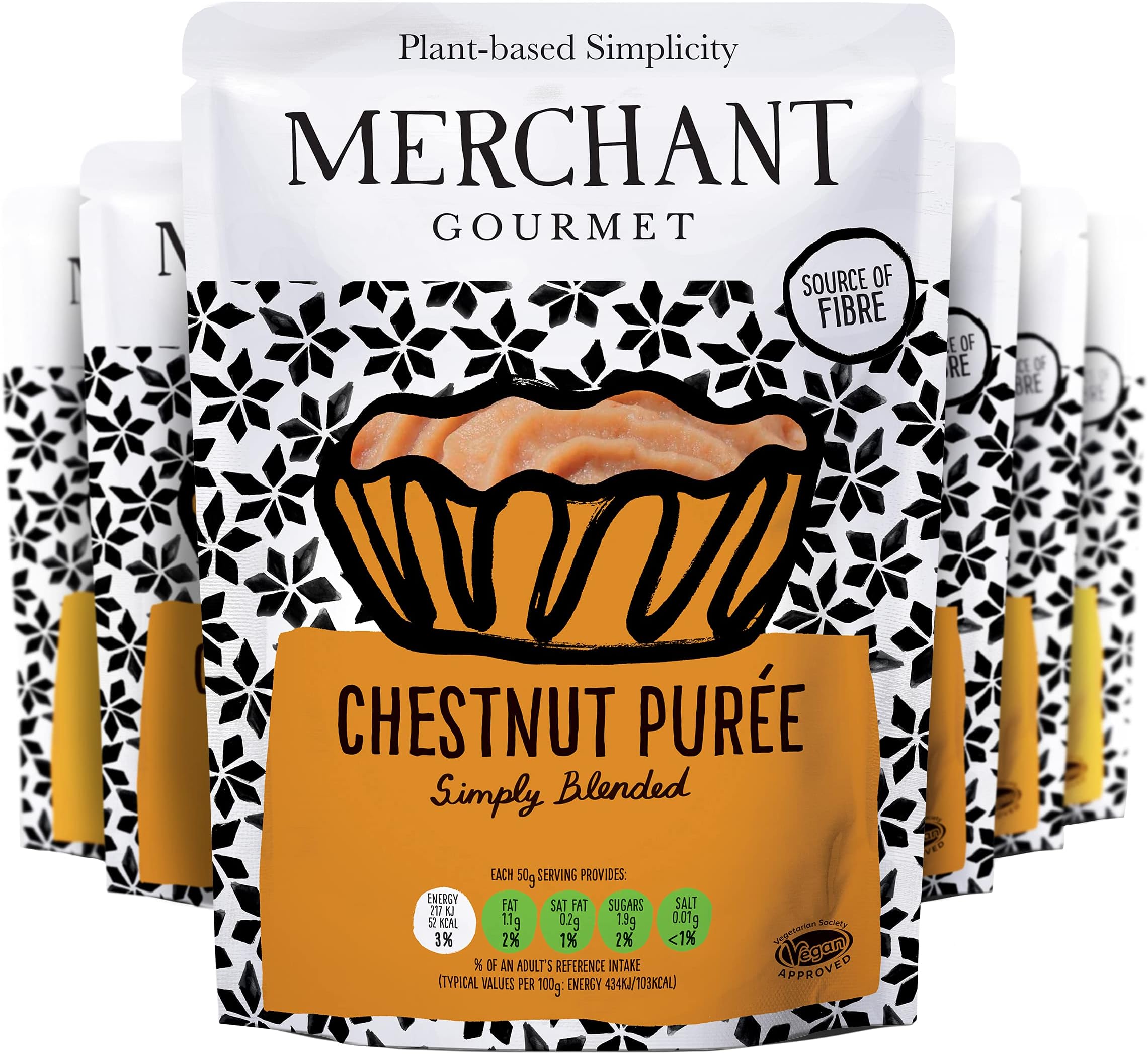 Merchant Gourmet Chestnut Puree - Slowly Roasted Rich Puree - Source of Fibre, Low Saturated Fat & Vegan - Ideal for Baking & Desserts - Pack of 6 x 200g Ready-to-eat Pouches