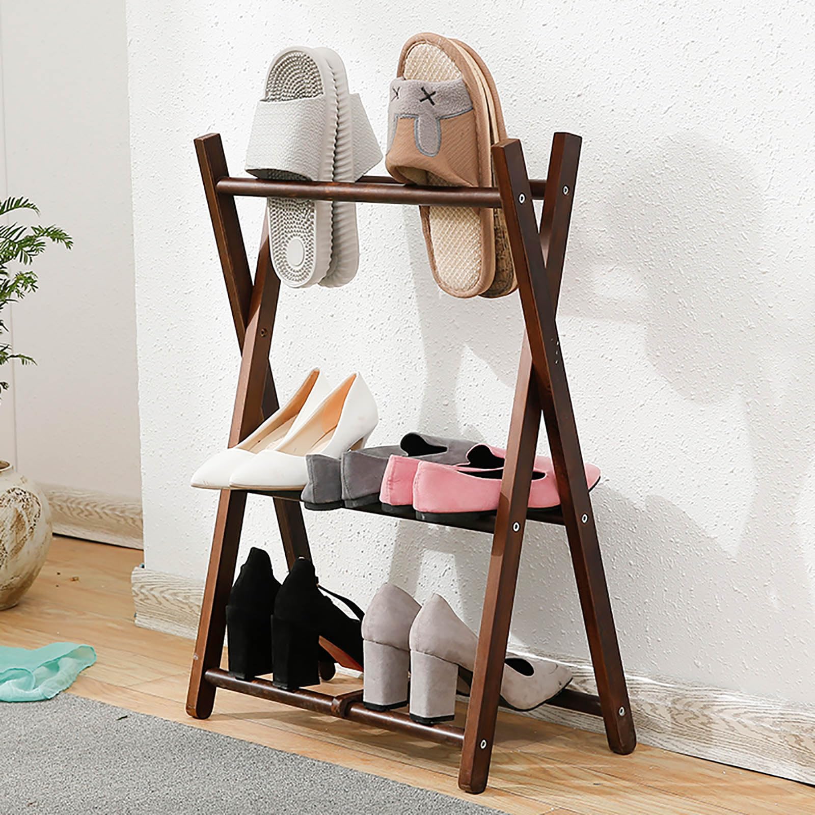 Semplice Porta Pantofole in bambù, Auto-Pieghevole, Multifunzionale, Scaffale per Scarpe Indipendente, Multi-Livello per Soggiorno, Corridoio, Camera da Letto, Noce, 19,7