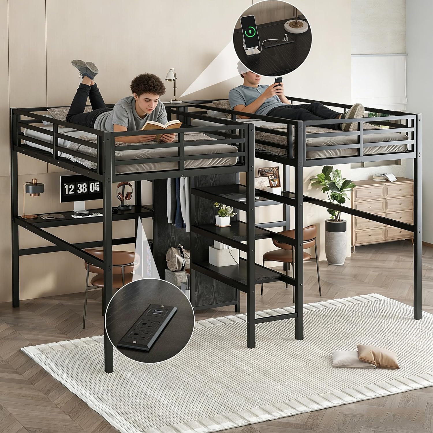 Close-up of the charging station integrated into the Bellemave Twin Over Twin Metal Loft Bed