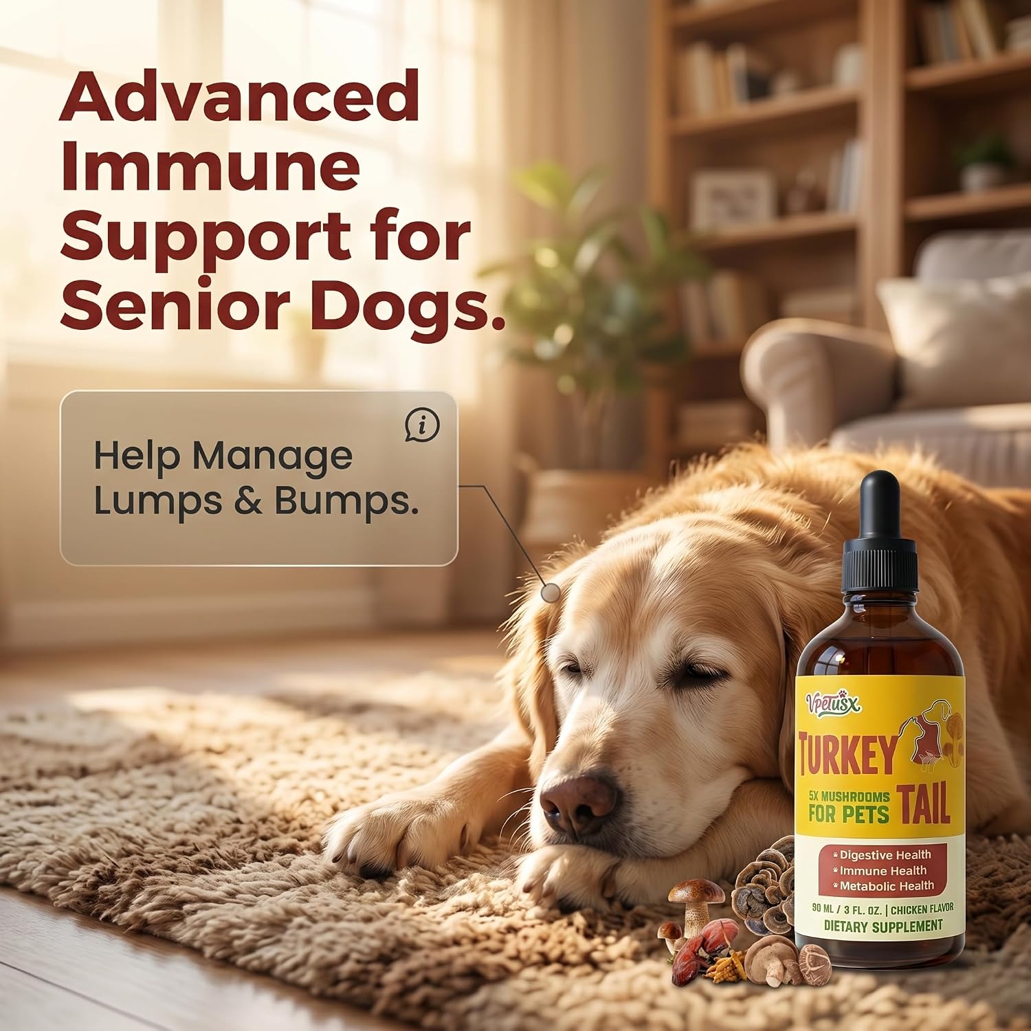 Advanced Immune Support for Senior Dogs - 7-in-1 Mushroom Blend to Help Manage Lumps and Bumps - Chicken Flavor, 3 fl oz