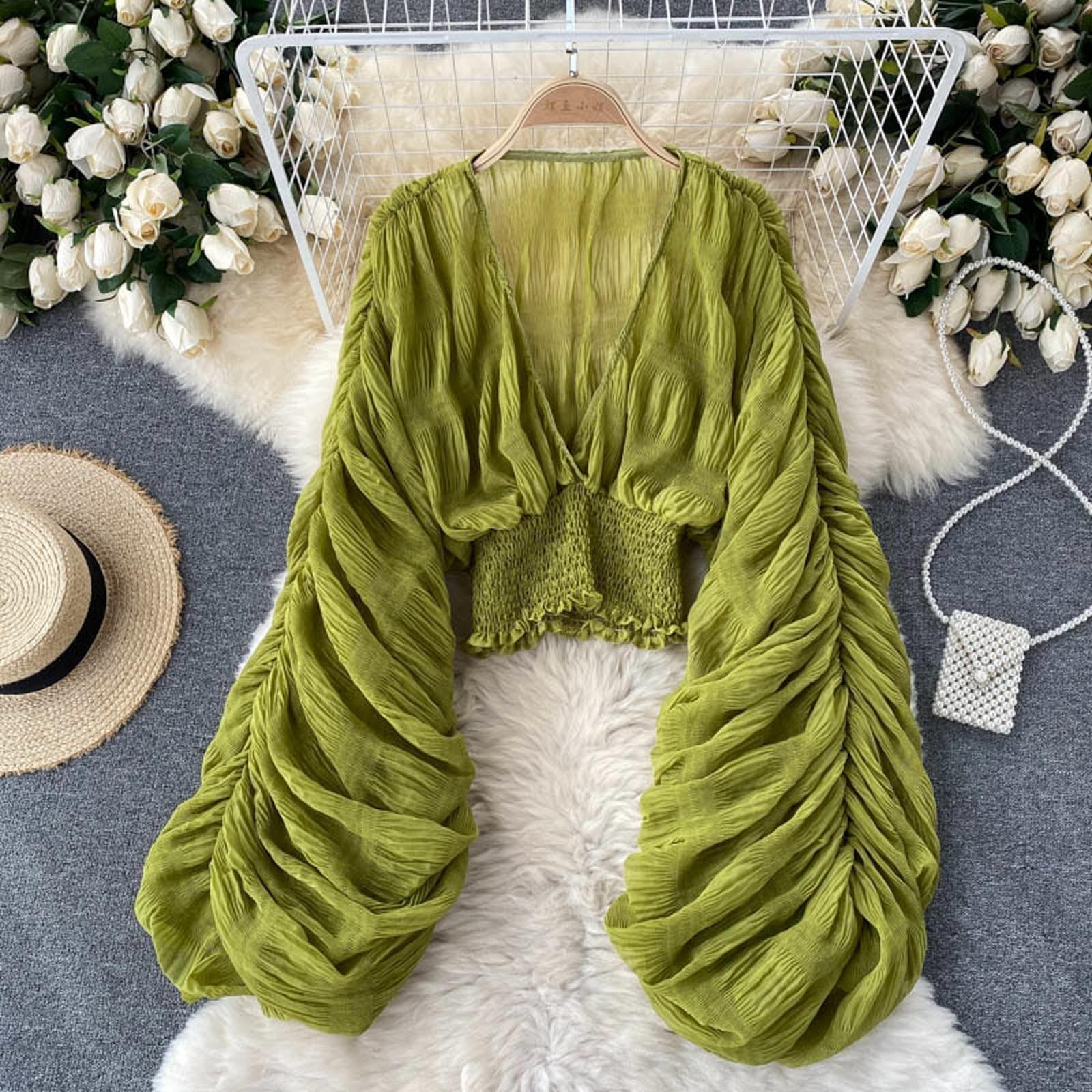 Top da donna in pizzo, a sbuffo, a maniche lunghe, con scollo a V, casual, sexy, con volant, a maniche lunghe, estivo, in pizzo, svasato, con bottoni, alla moda, arioso top in chiffon