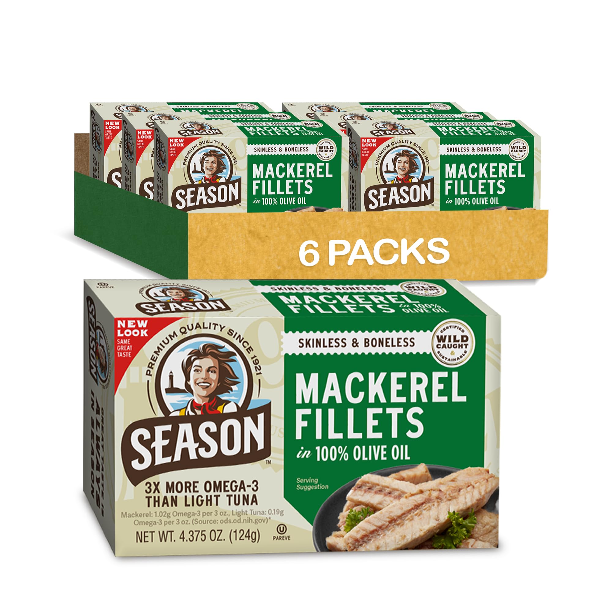 Season Mackerel in Olive Oil - Skinless & Boneless, Wild Caught, Keto Snacks, Canned Mackerel Fillets, Full of Vitamins & Minerals, Low in Mercury, Kosher, Non-GMO, 20g of Protein - 4.37 Oz, 6-Pack