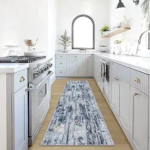 2'6''x8' Runner Rugs Washable Rug: Modern Abstract Hallway Runner Rug Indoor Soft Low Pile Thin Carpet Anti-Skid Non-Shedding Carpets for Kitchen, Entryway, Laundry, Bedroom - Blue Gold