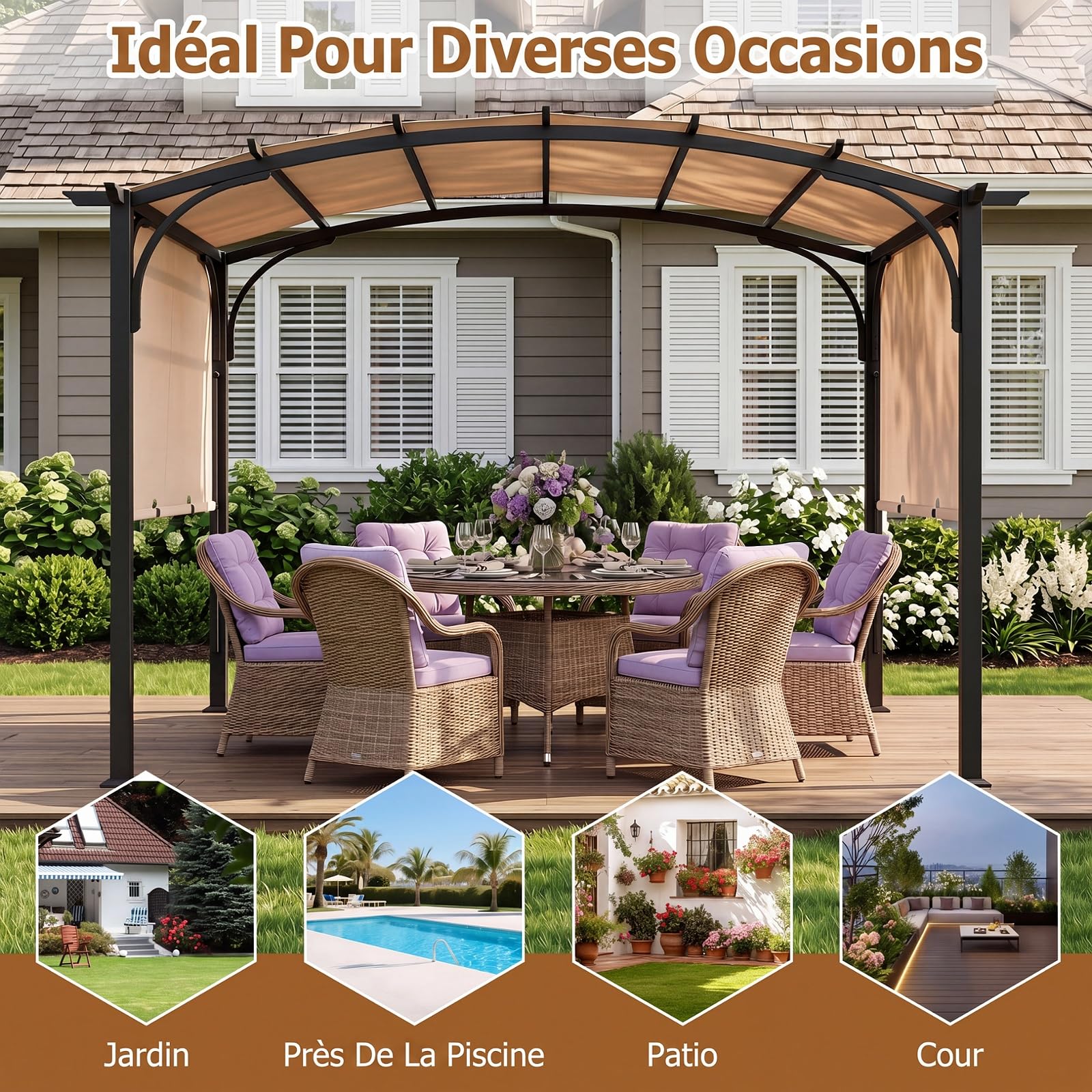 COSTWAY 305 x 242 CM Pergola Rétractable, Pergola de Jardin Extérieur avec Toit Courbé, Cadre Métal, 8 Piquets, Toile Polyester Anti-Soleil, Abri pour Terrasse, Patio, Piscine, Design Moderne (Beige)