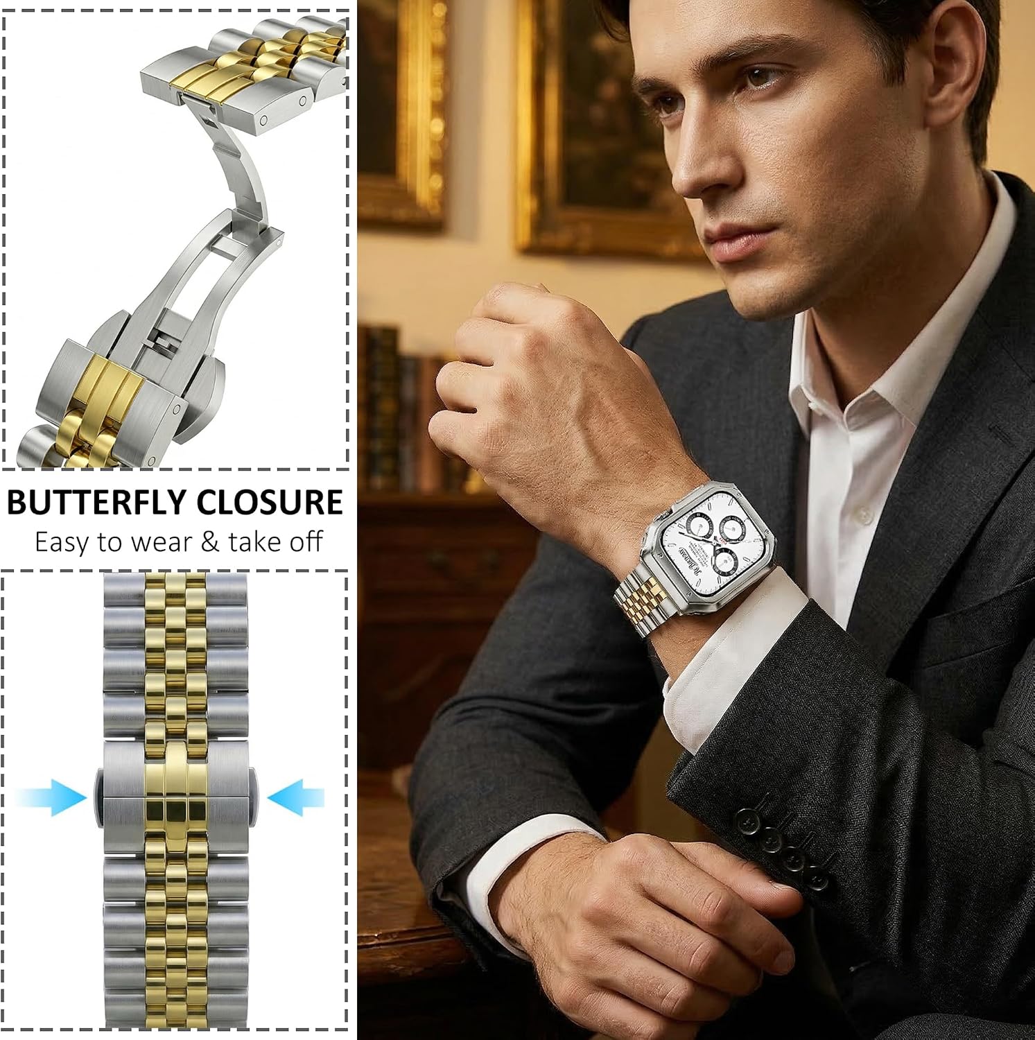 Compatible with Apple Watch Band and Case, Stainless Steel Metal Chain with TPU Cover, Smart-Watch Link Bracelet Strap, Wrist-Band for iWatch Series 11 10 9 8 7 6 5 4 3 2 1 SE3 Ultra, 46mm 49mm 45mm 44mm 42mm for Men Women,silvery+gold