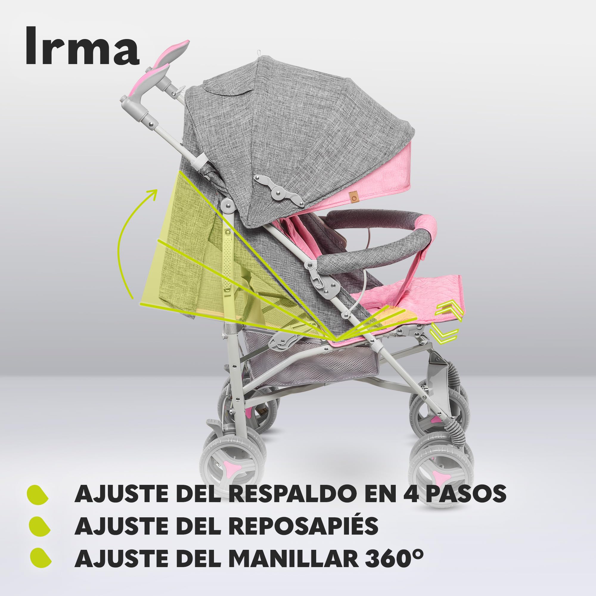 Lionelo Irma Silla de paseo plegable 51 x 80 x 101 cm Diseño ultraligero 7 kg Respaldo ajustable Para niños de hasta 15 kg 6-36M Cinturones de seguridad