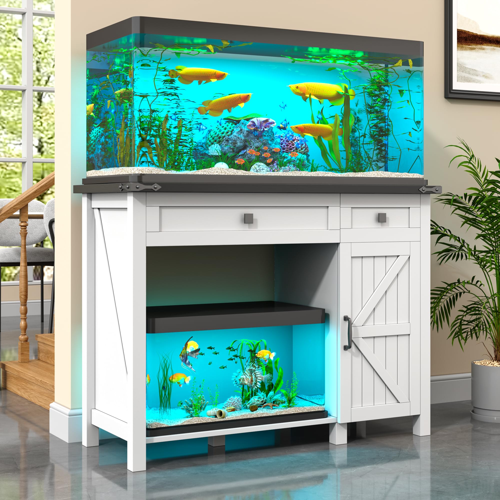 kepptory 40 Gallon Fish Tank Stand with Power Outlets, Farmhouse Decorative Aquarium Stand Furniture with Adjustable Shelves and Storage Drawer, 30-40