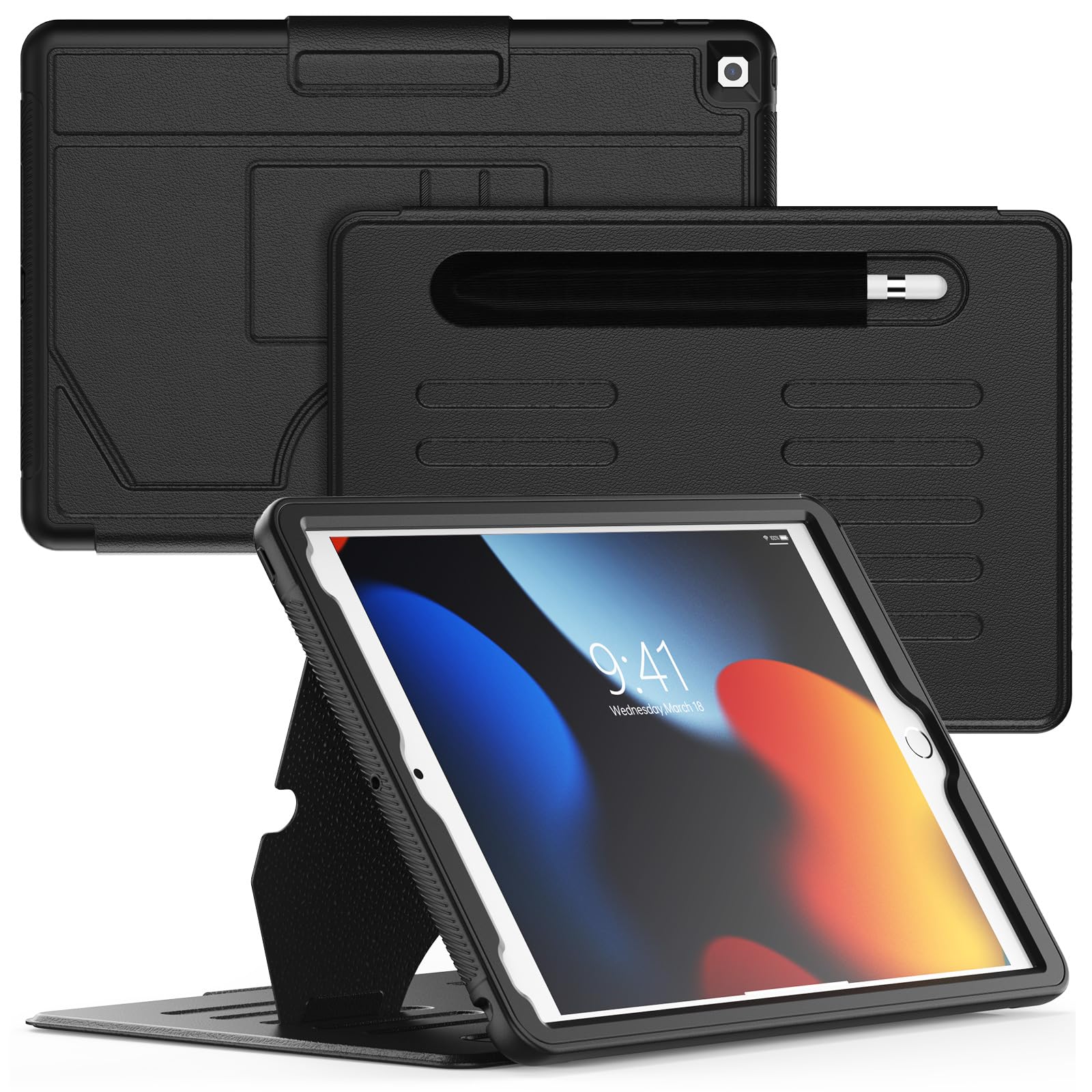 SEYMCY for iPad 9th/8th/7th Generation Case 10.2 inch, Sturdy Shockproof Cover with Multi-angle Magnetic Stand, Auto Sleep/Wake, Pencil Holder, Card Slot for iPad 9/8/7 gen 2021~2019, Black