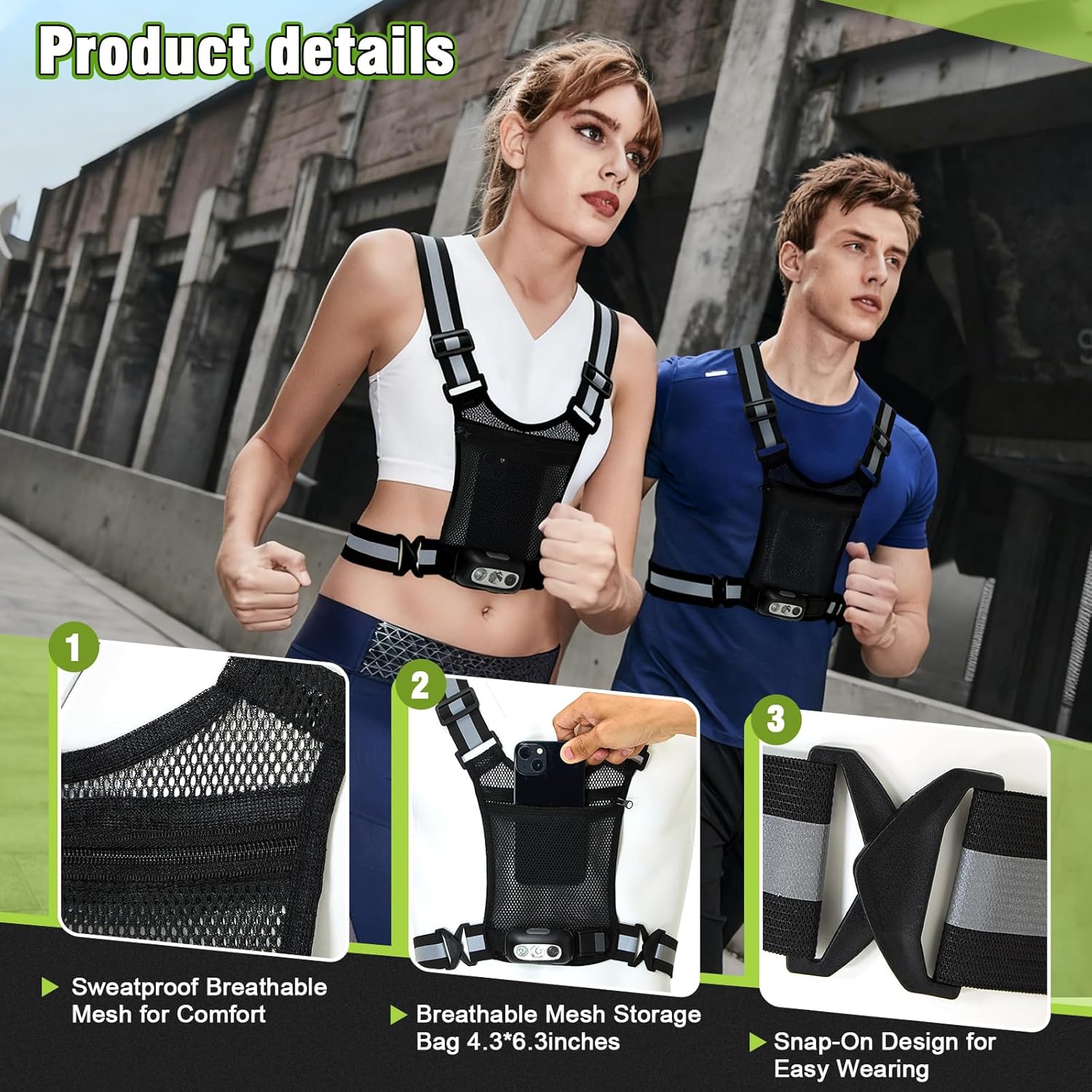 Running Lights for Runners, Reflective Vest with 3-Mode Motion Sensor Lights 45° Adjustable Tilt, 360° Reflective Running Vest with Storage Pocket for Night Walking/Cycling/Jogging/Hiking (Black) - Image 2