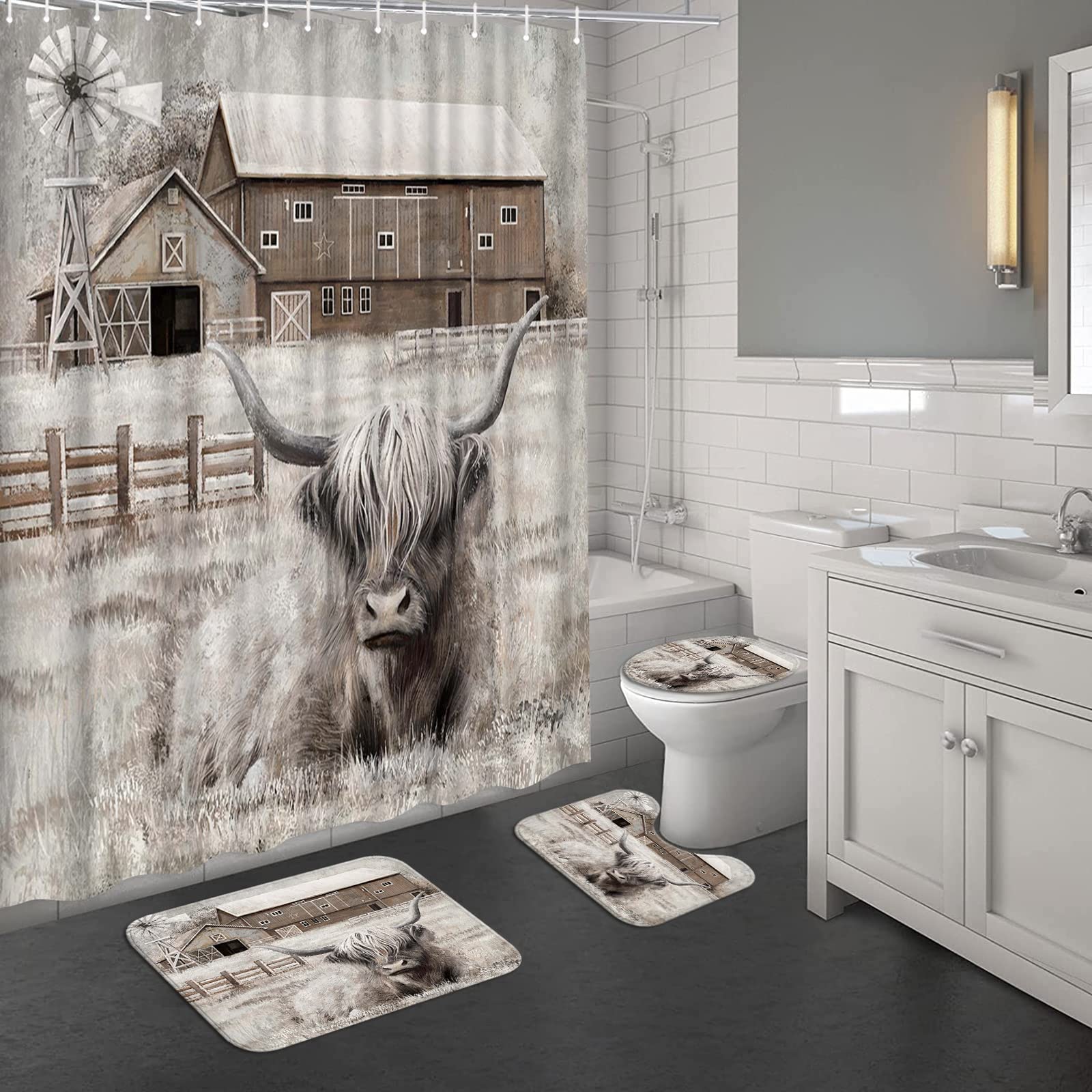 AtGoWac Highland Cow Shower Curtain Set Rustic Shower Curtain Farmhouse Bathroom Decor Set (Highland Cow)