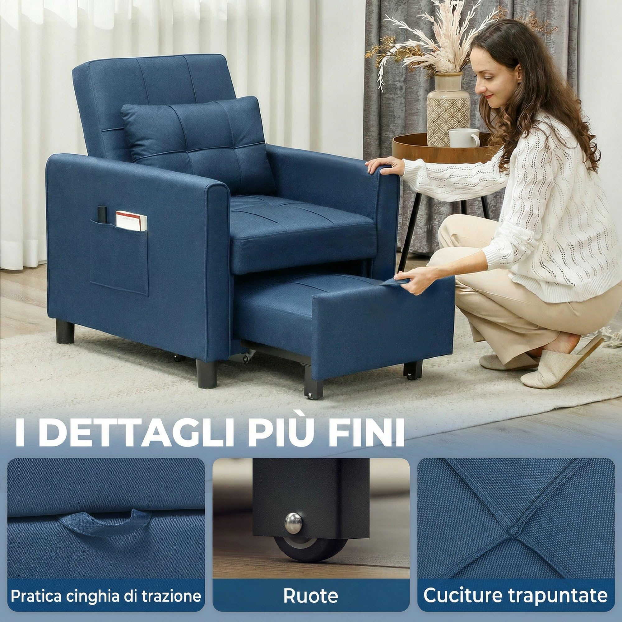 HOMCOM Poltrona Letto Singolo 3 in 1 con Schienale Reclinabile su 3 Livelli, 2 Ruote, Cuscino, Divano Letto Singolo Pieghevole in Tessuto Effetto Lino e Legno, 69x82x85cm, Blu