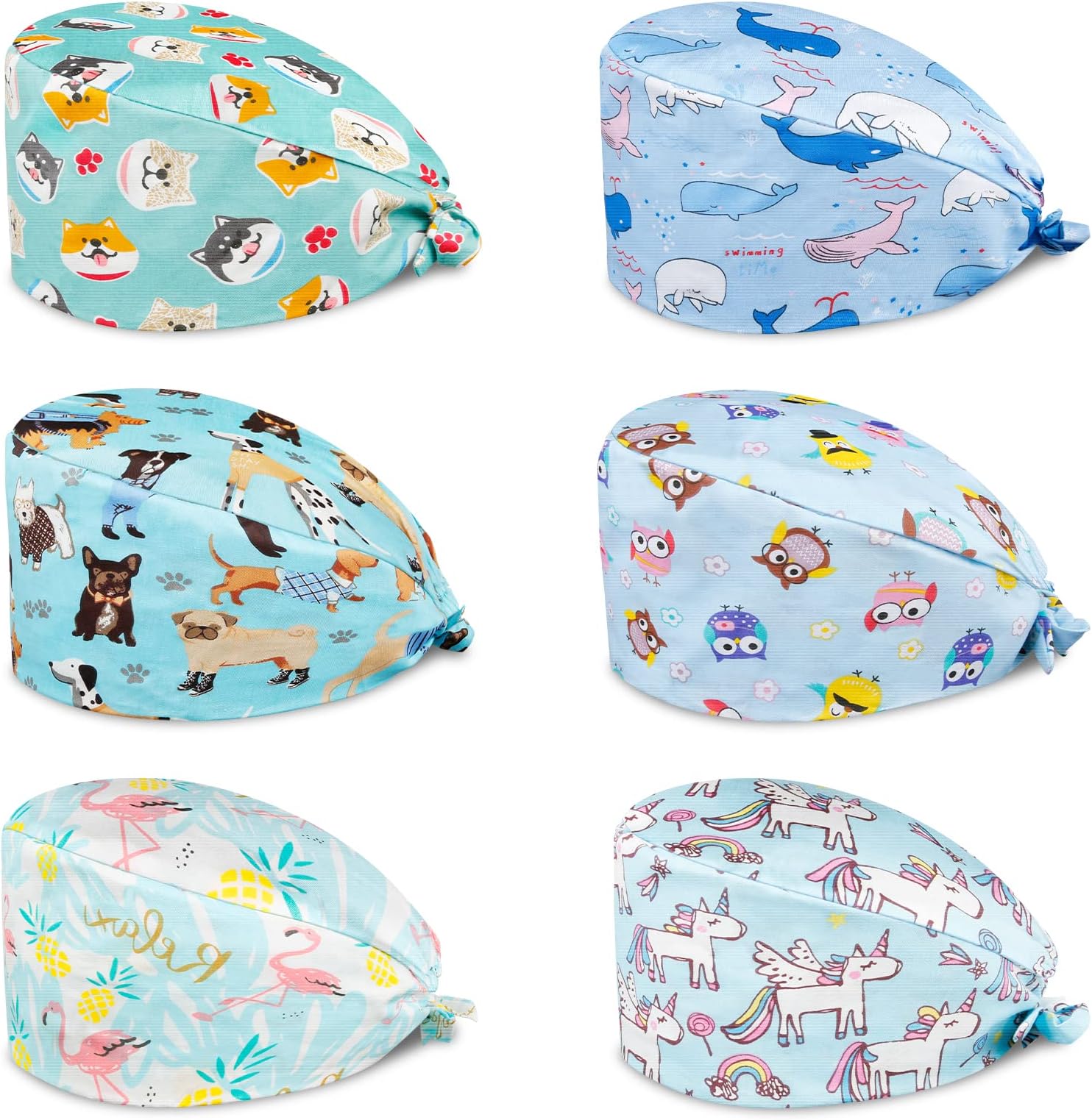 Comius Sharp 6 Pieces Hat Scrubs, Cotton Bouffant Caps with Sweatband Tie, Adjustable Theatre Hats Surgical Caps Turban Hat for Women Men, Unisex Working Caps