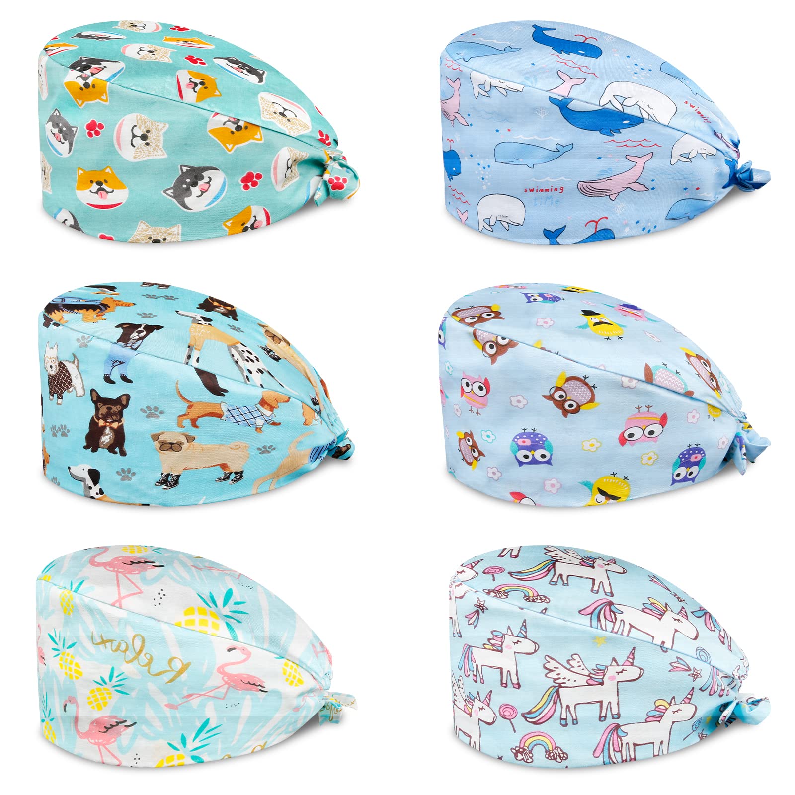 Comius Sharp 6 Stück Schrubben Kappe, Verstellbare Baumwolle Haube Kopfbedeckung Turban Kappe Bedruckte Sanft Kappen Unisex, Haarabdeckung mit Schweißband für Frauen Männer