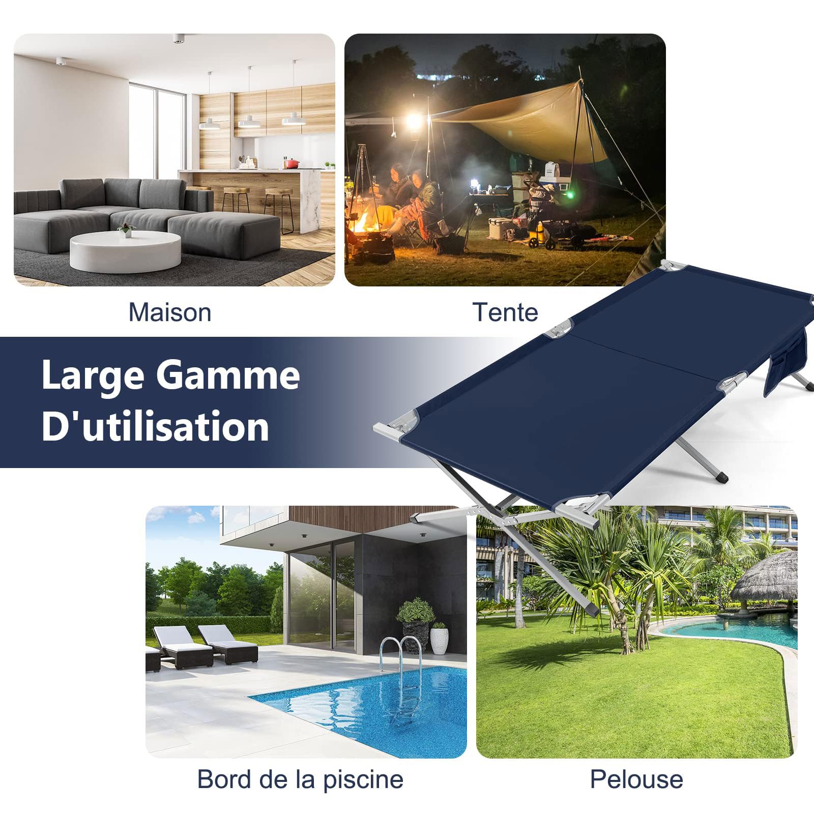 GOPLUS Lit de Camping Pliant, Lit de Camp 1Personne Extra Large avec Poche de Rangement et Sac de Transport, 106x215x49CM, Charge 150KG (Fer)