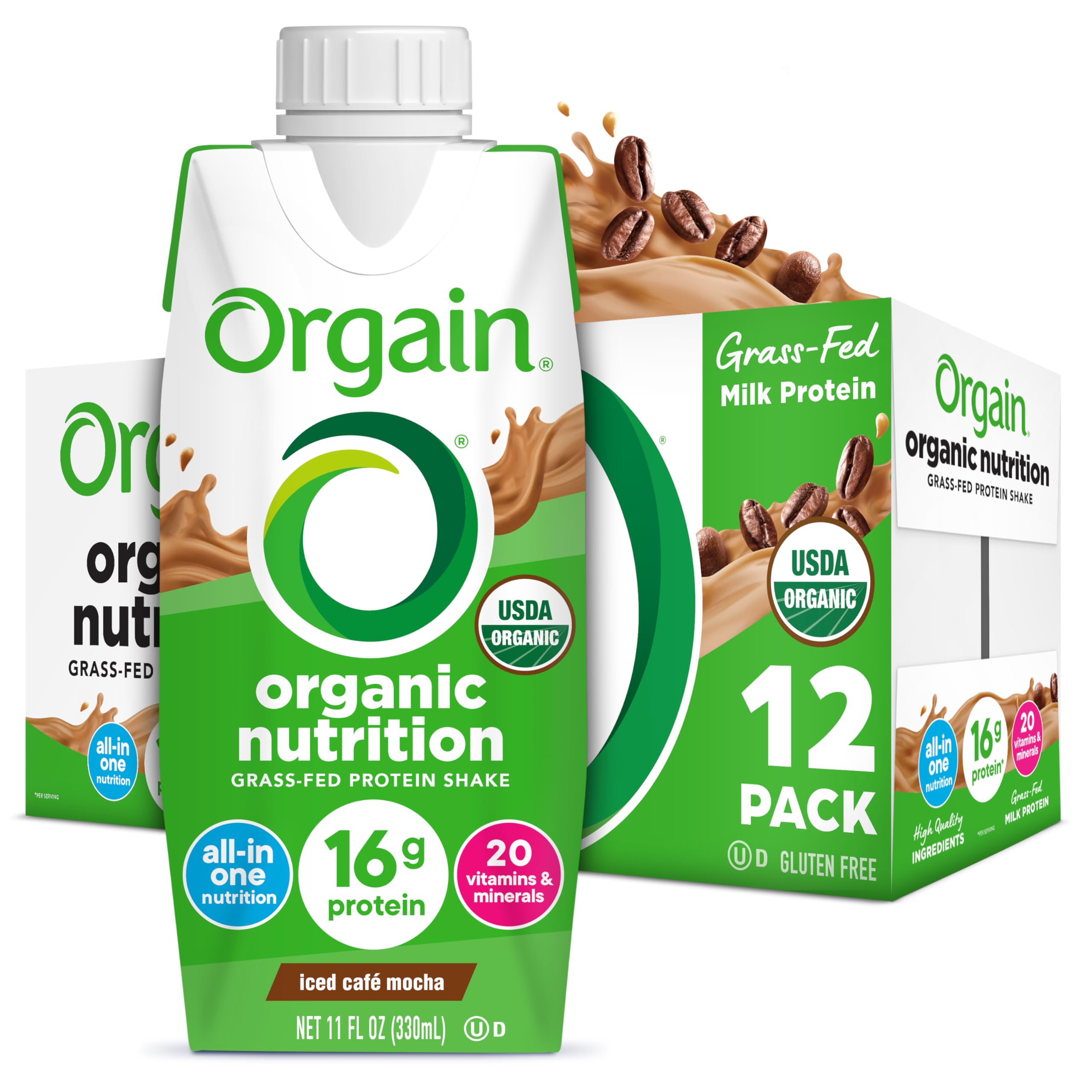 Orgain Organic Nutritional Protein Shake, Iced Café Mocha - 16g Grass Fed Whey Protein, Meal Replacement, 20 Vitamins & Minerals, Fruits & Vegetables, Gluten Free, Non-GMO, 11 Fl Oz (12 Pack)