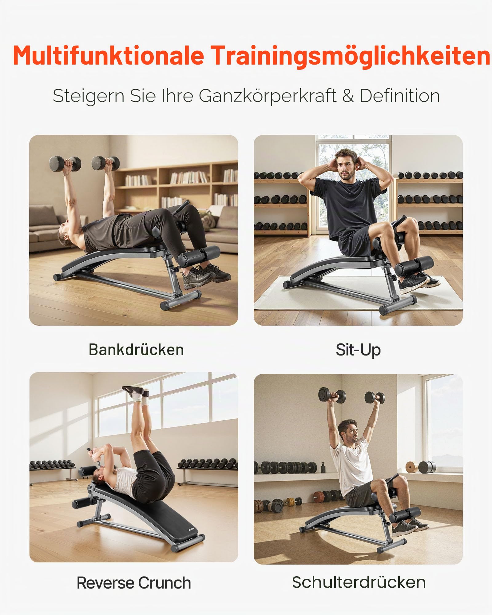 VEVOR Sit-Up-Bank, Bauchbank mit umgekehrtem Crunch-Griff, verstellbare Höheneinstellung, robuster Stahl, 500/600/453,6 kg Kapazität für Heim-Fitness-Workouts, Krafttraining, Ganzkörpermuskulatur