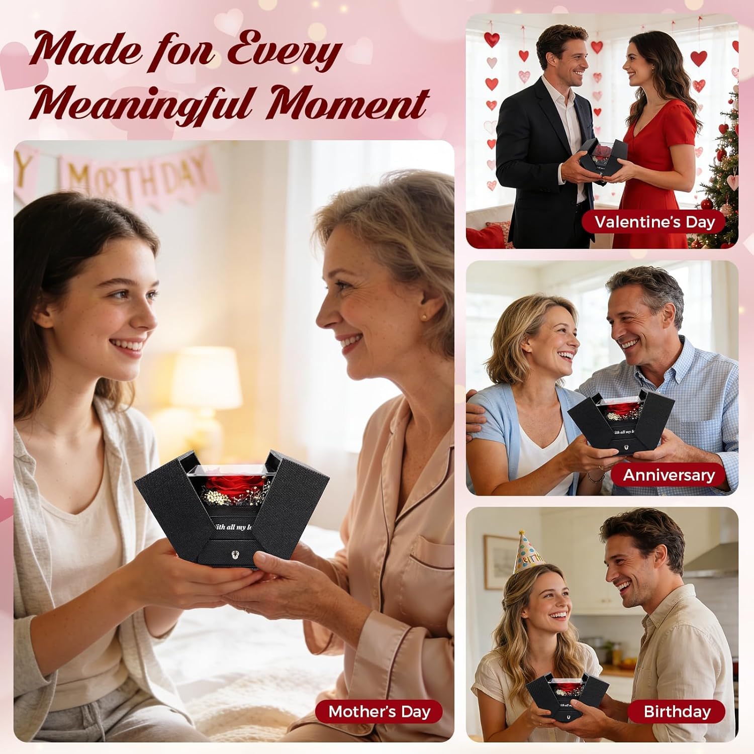 TranquilBliss Preserved Real Red Rose Gift Box with Heart Necklace, “I Love You” in 100 Languages, Romantic Gift for Wife or Girlfriend, Birthday, Anniversary or Special Occasion Gift for Her